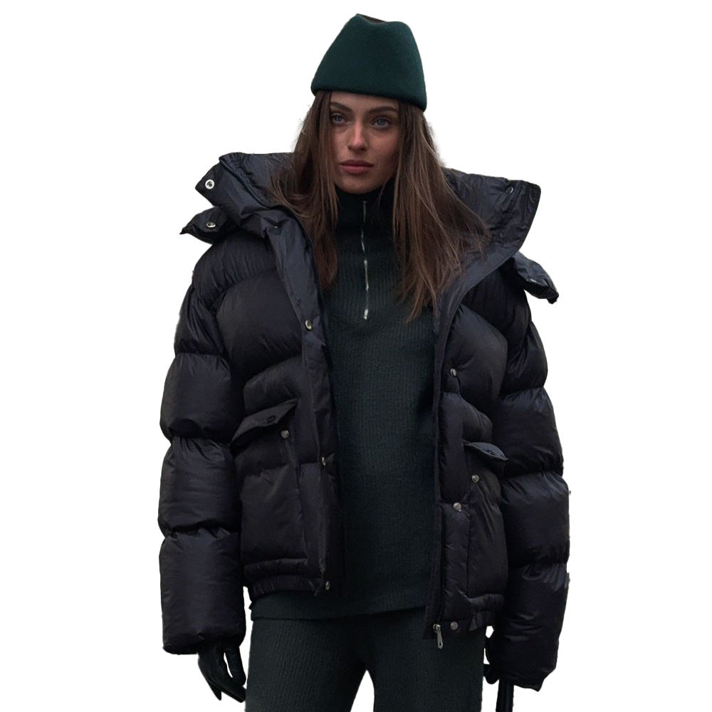 Women's Cottonpadded Overcoat Jacket Square Pocket Cushion Warm Hooded Cotton