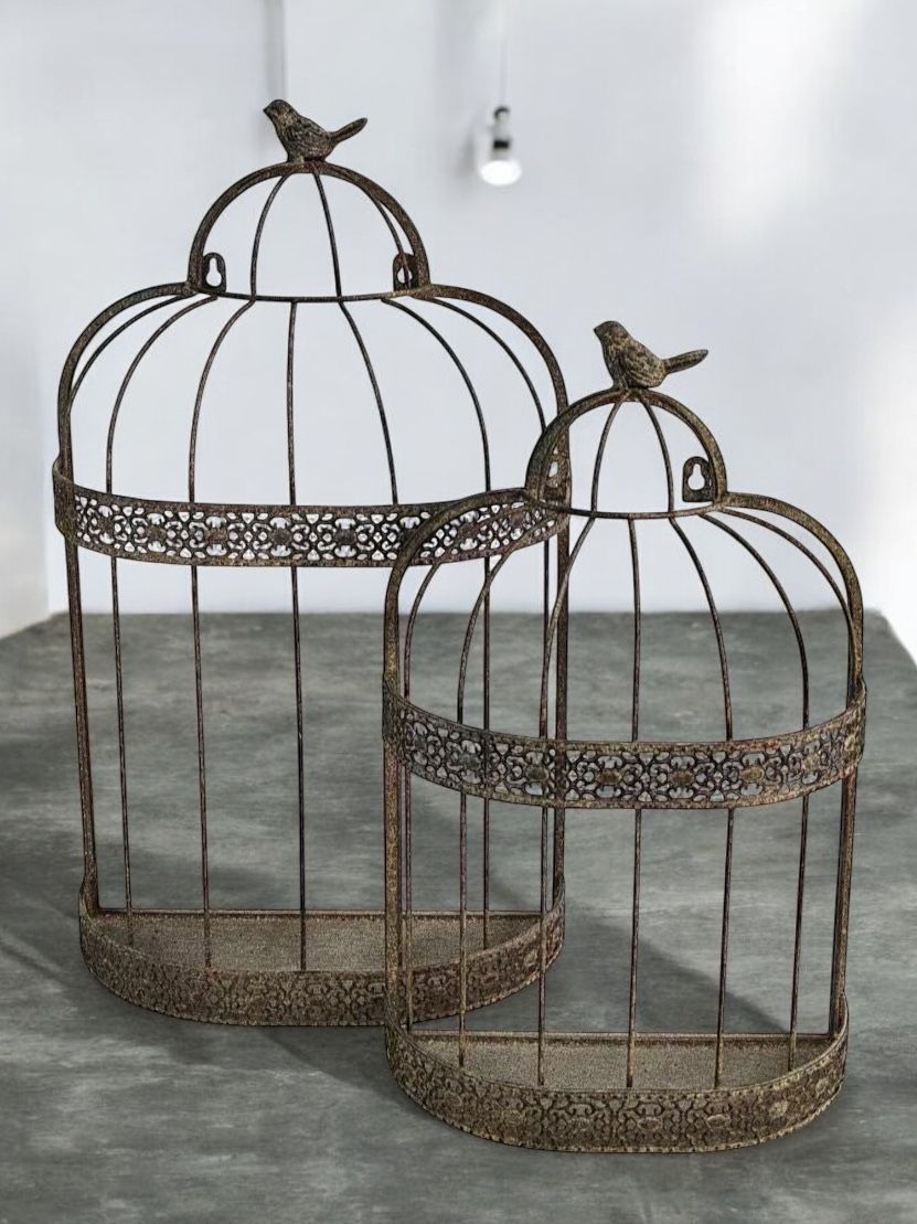 48/60CM SET 2 FLOWER BASKET BIRD CAGE WALL MIRRORS