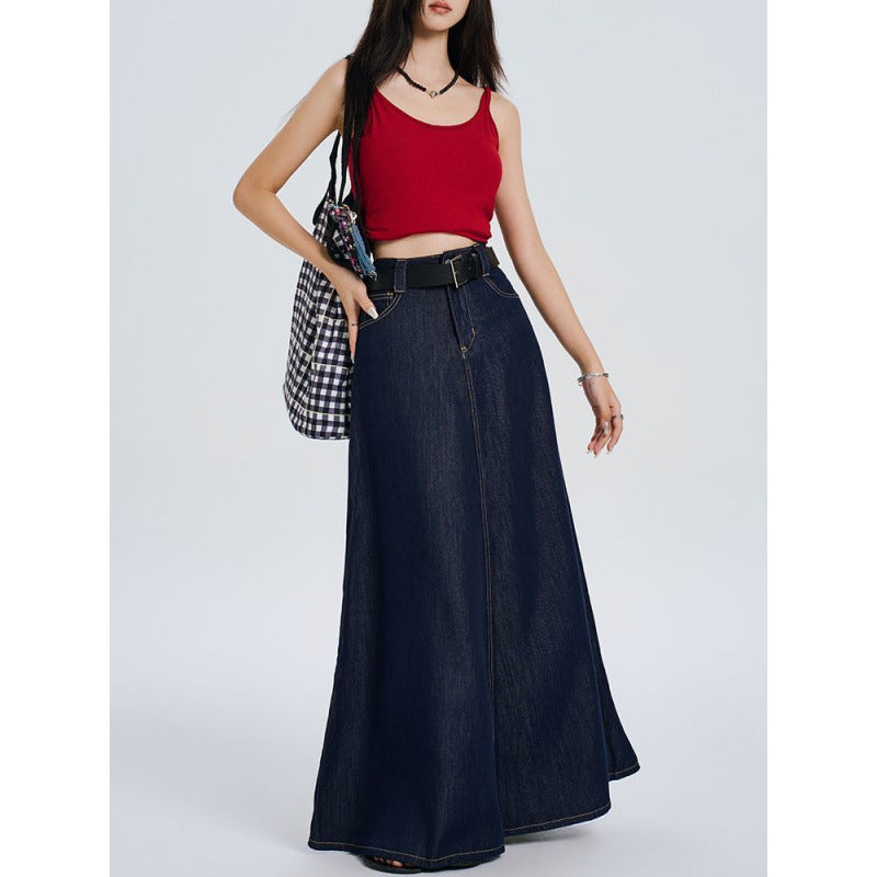 Women's Solid Color Loose Fit Blue Vintage Denim Skirt
