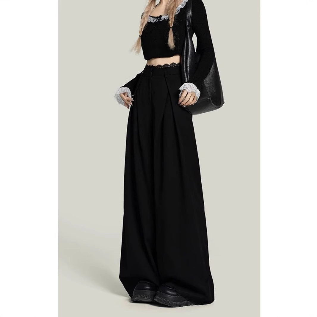 Black Lace Stitching Wide-leg Casual Pants Women
