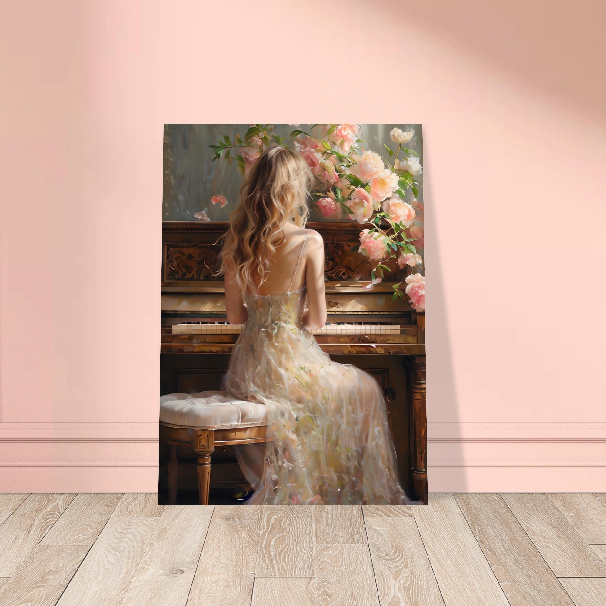 Romantic Piano Poster – Vintage Art Print of Woman with Flowers