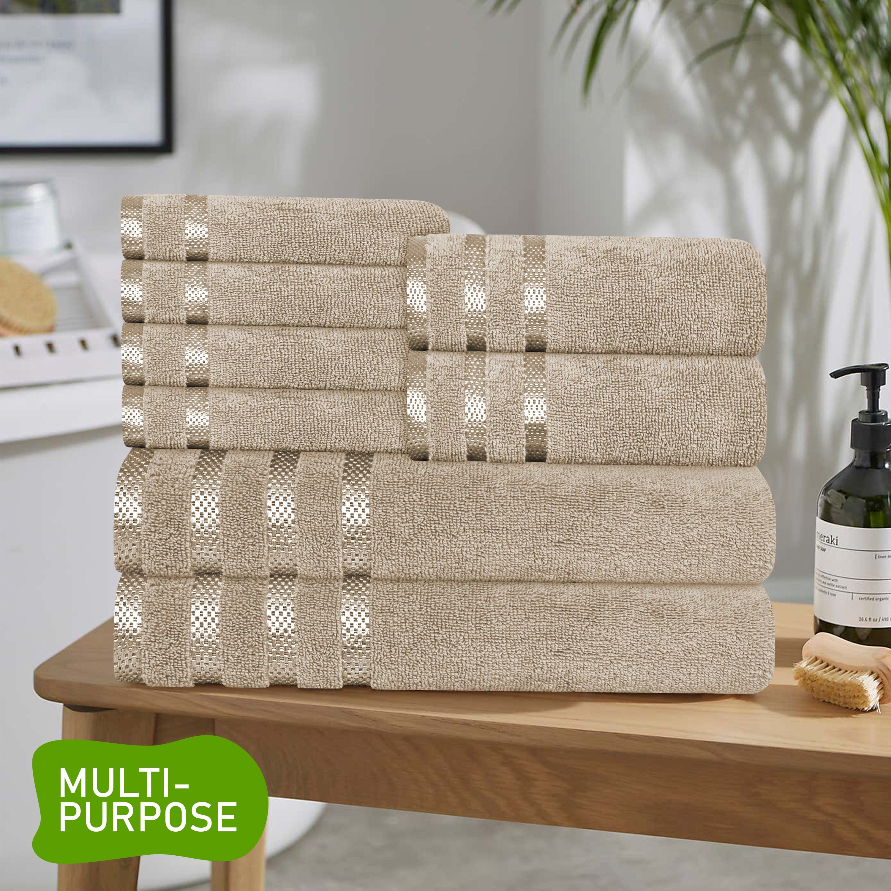 OLIVIA ROCCO Belmont Viscose Stripe Beige Towels 100 Percent Cotton Hotel Quality Super Absorbent 10 Piece Bale Set 4 Hand Towels And 12 Face Cloths