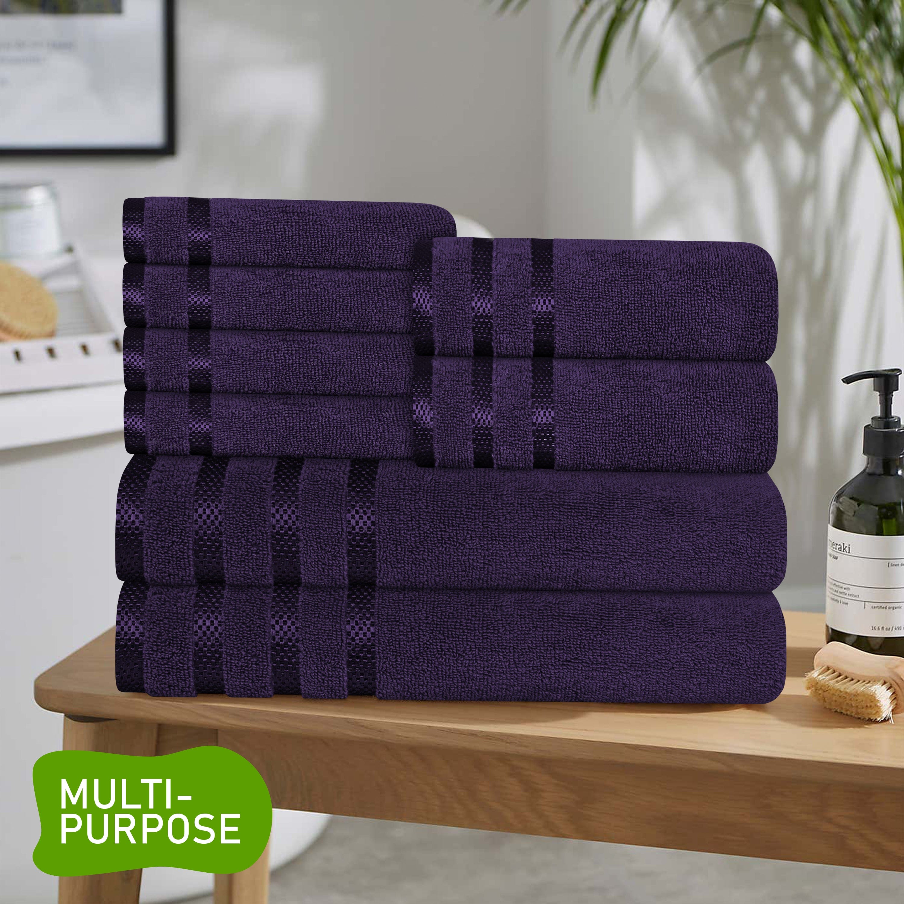 OLIVIA ROCCO Belmont Viscose Stripe Purple Towels 100 Percent Cotton Hotel Quality Super Absorbent 10 Piece Bale Set 4 Hand Towels 12 Face Cloths