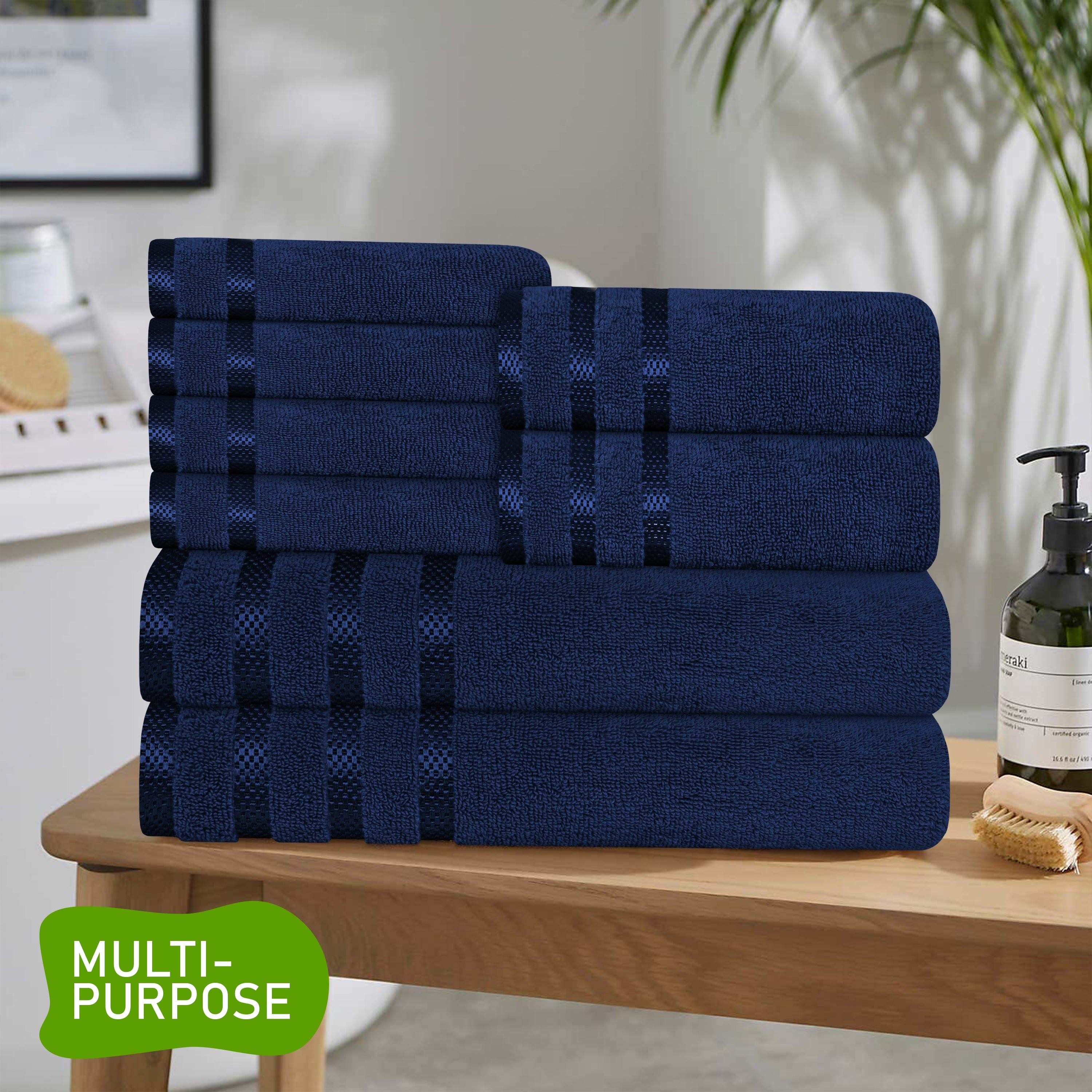 OLIVIA ROCCO Belmont Viscose Stripe Royal Blue Towels 100 Percent Cotton Hotel Quality 10 Piece Bale Set Includes 4 Hand Towels And 12 Face Cloths