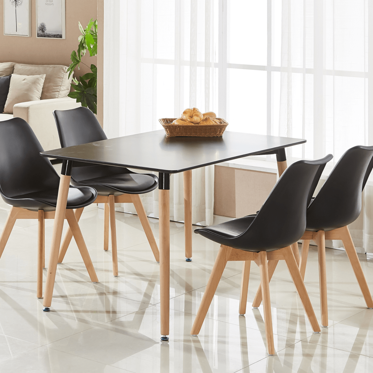 Black Halo Dining Table & Set of 4 Jamie Lorenzo Tulip chairs with Padded Seat - Zestio