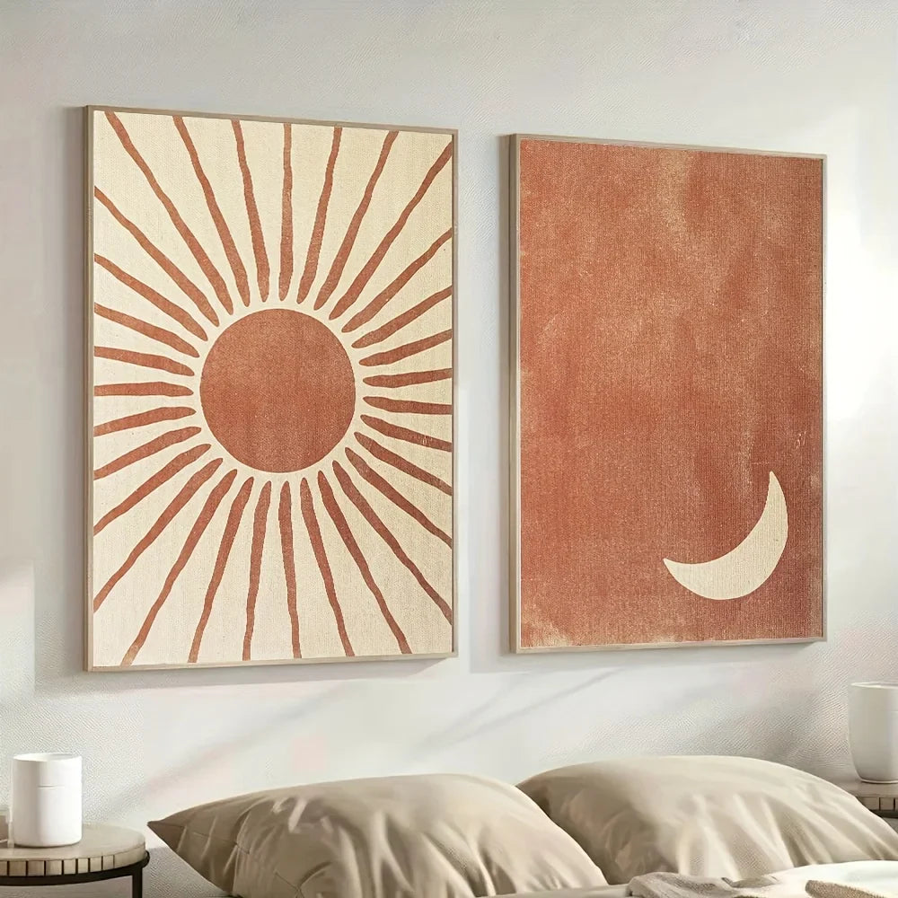 Bohemian Moon and Sun Wall Art Set – 2-Piece Abstract Clay & Beige Posters