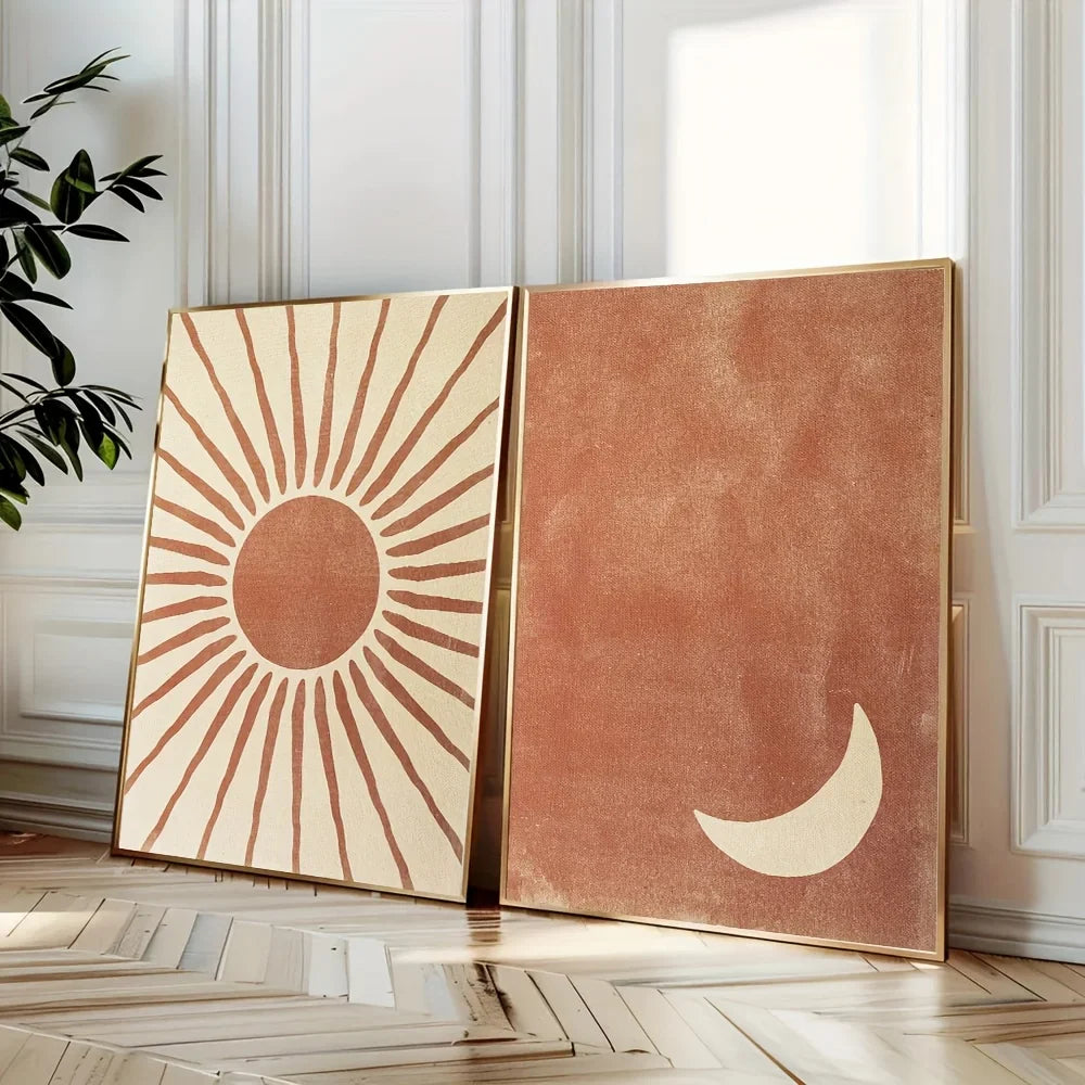 Bohemian Moon and Sun Wall Art Set – 2-Piece Abstract Clay & Beige Posters