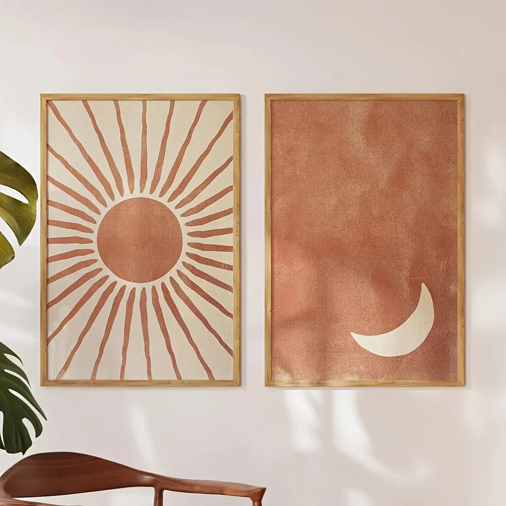 Bohemian Moon and Sun Wall Art Set – 2-Piece Abstract Clay & Beige Posters