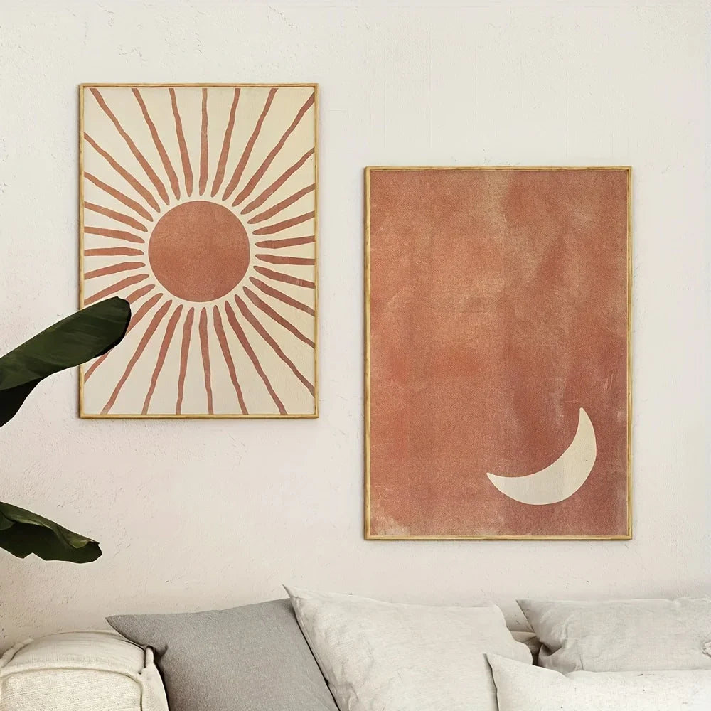 Bohemian Moon and Sun Wall Art Set – 2-Piece Abstract Clay & Beige Posters