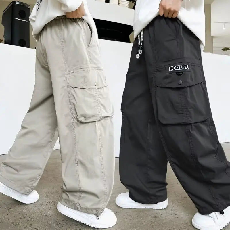 Boys Loose Cargo Pants – Autumn Cotton Blend Trousers for Kids 110-170 cm, Streetwear Style Black or Beige