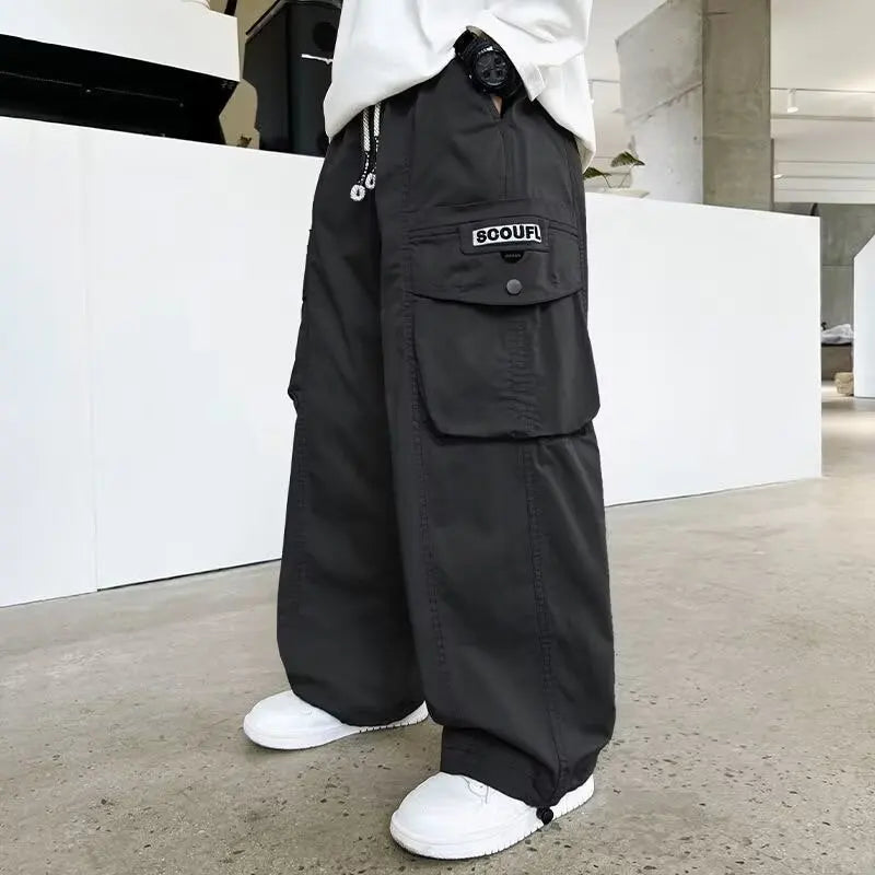Boys Loose Cargo Pants – Autumn Cotton Blend Trousers for Kids 110-170 cm, Streetwear Style Black or Beige