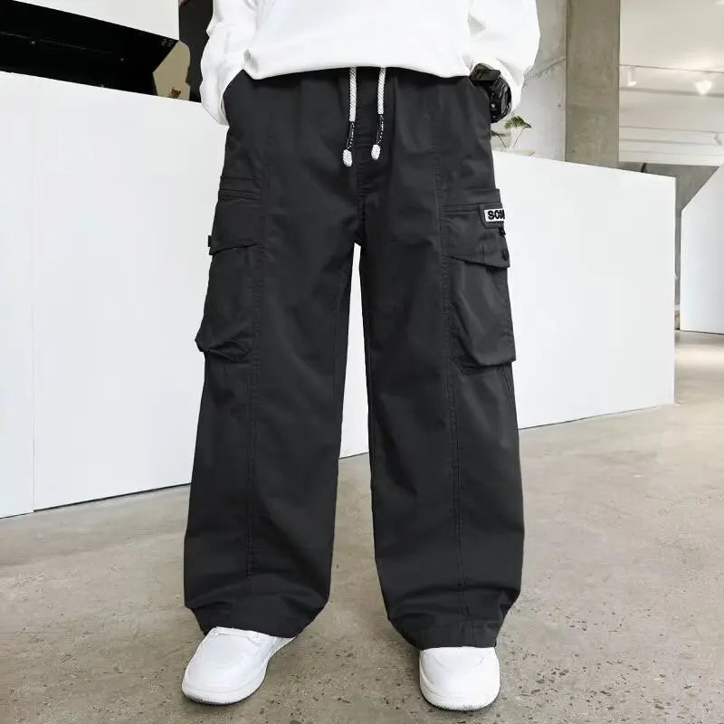 Boys Loose Cargo Pants – Autumn Cotton Blend Trousers for Kids 110-170 cm, Streetwear Style Black or Beige