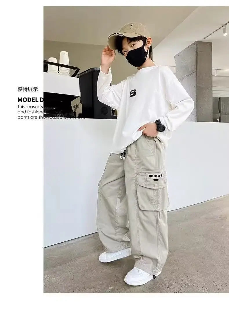 Boys Loose Cargo Pants – Autumn Cotton Blend Trousers for Kids 110-170 cm, Streetwear Style Black or Beige