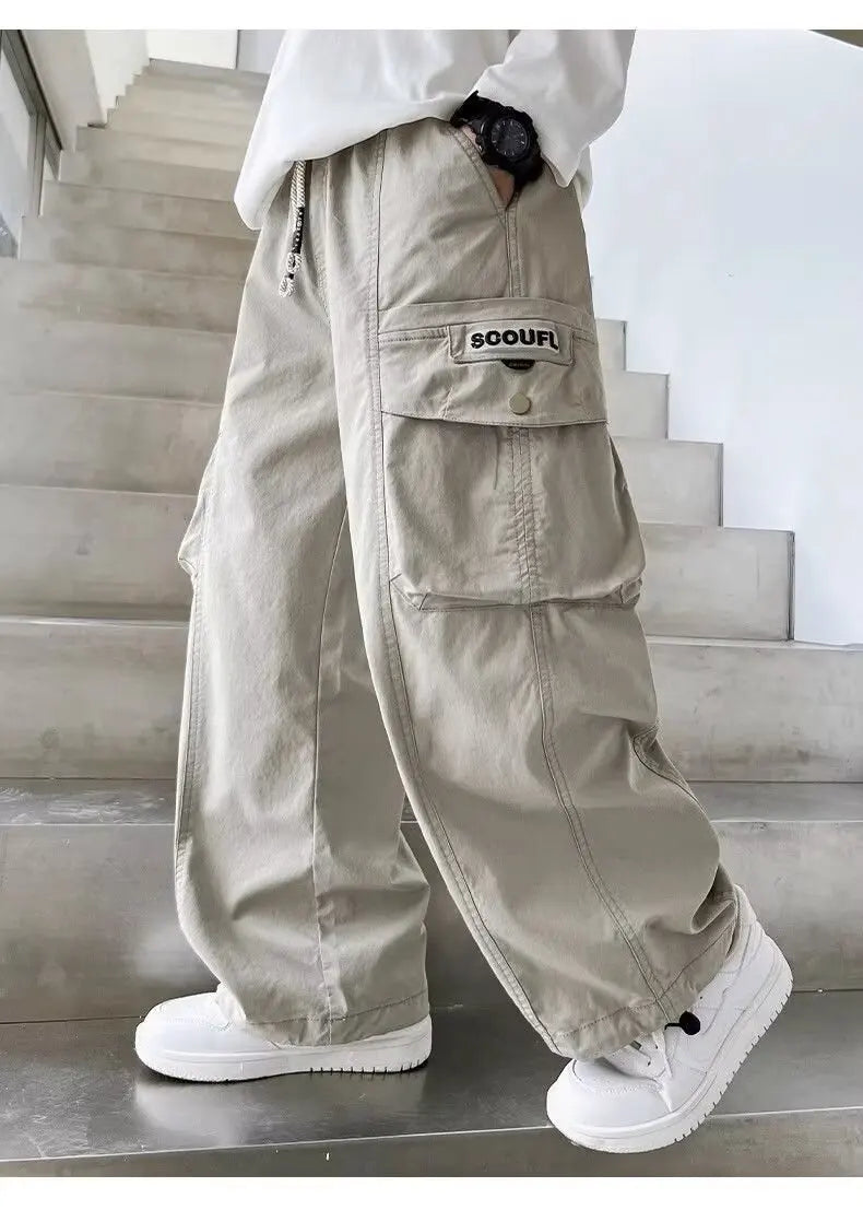 Boys Loose Cargo Pants – Autumn Cotton Blend Trousers for Kids 110-170 cm, Streetwear Style Black or Beige