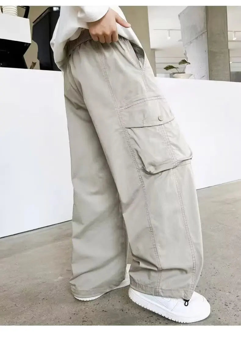 Boys Loose Cargo Pants – Autumn Cotton Blend Trousers for Kids 110-170 cm, Streetwear Style Black or Beige