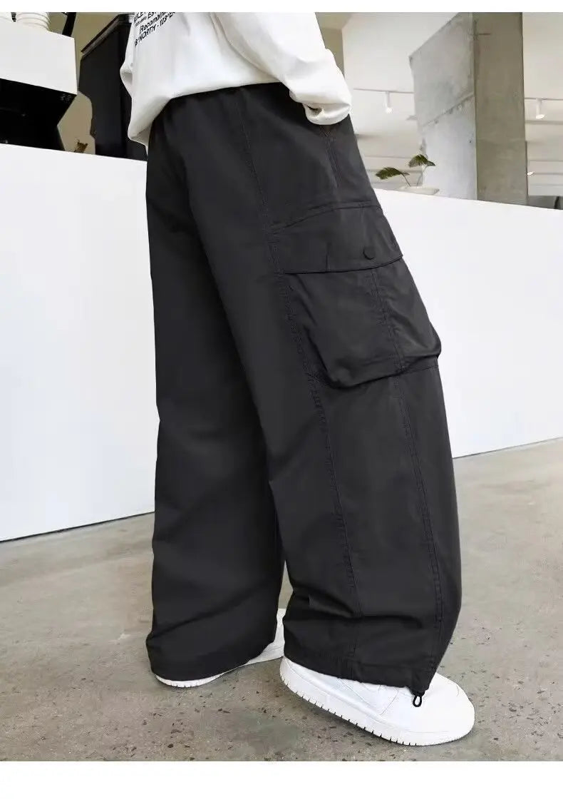Boys Loose Cargo Pants – Autumn Cotton Blend Trousers for Kids 110-170 cm, Streetwear Style Black or Beige