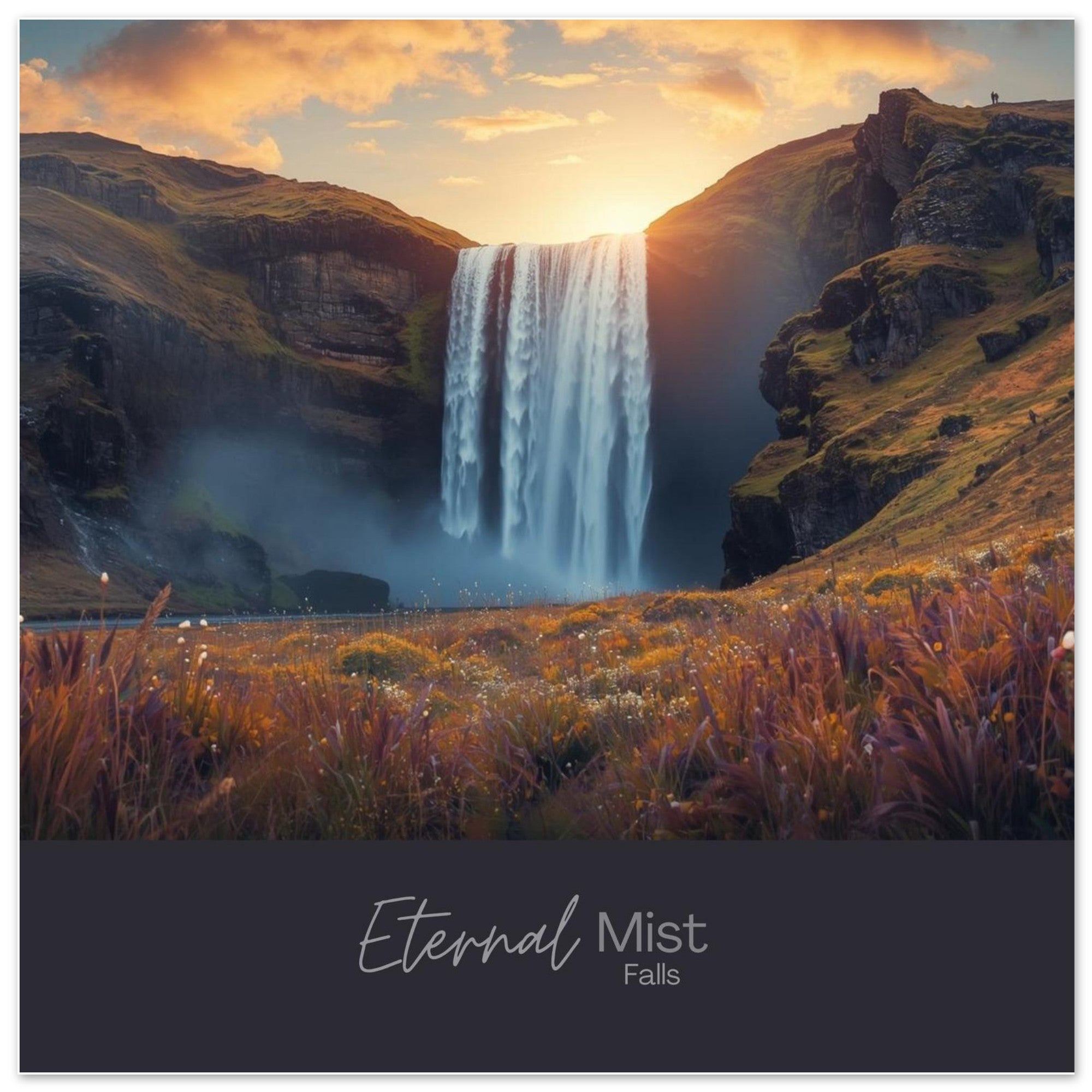 Eternal Mist Waterfall Poster | Sunset Landscape Wall Art | Modern Nature Decor