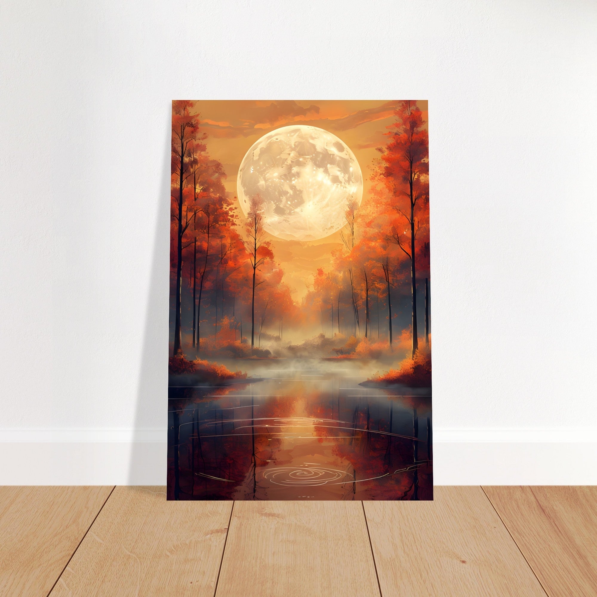 Experience the tranquility of nature with our "Serene Autumn Landscape with Luminous Full Moon" Art Poster