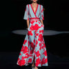 Summer V-neck Split Short-sleeved Dress Fashion Flower Print A-line Long Dresses Party Club Beach Clothing For Women
