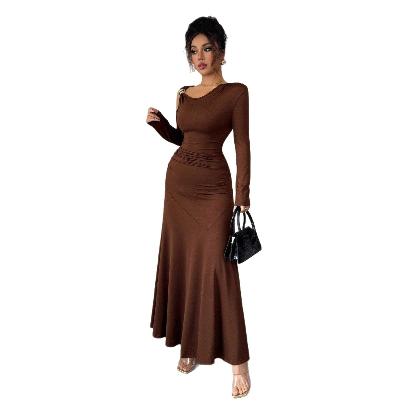 Women's Solid-color Off-shoulder Long-sleeve Top With Metal-decorated Dress
