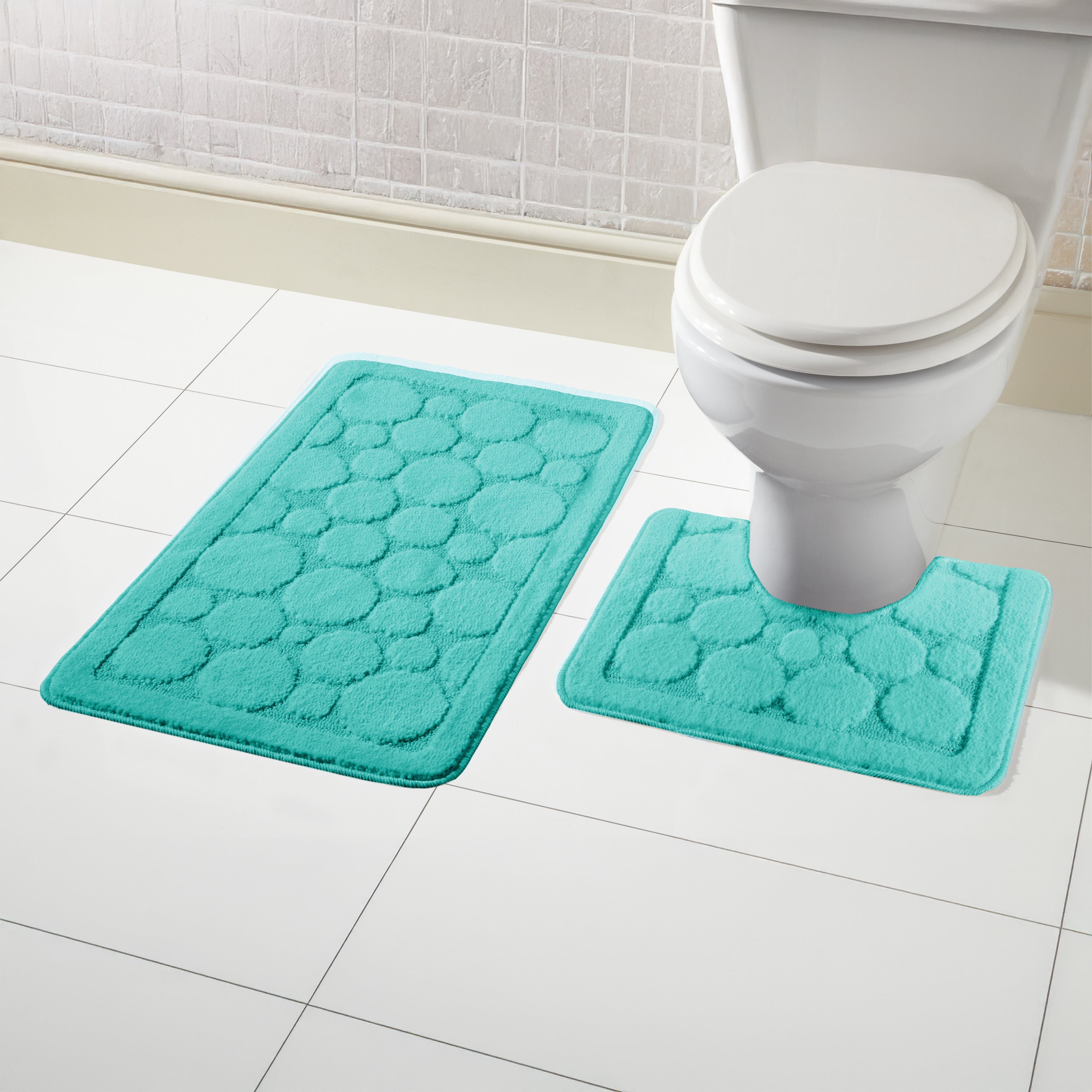 OLIVIA ROCCO Cali Bubbles 2 Piece Duck Egg Bath Mat and Pedestal Set Non Slip Soft and Absorbent Bathroom Mats for Comfort and Safety