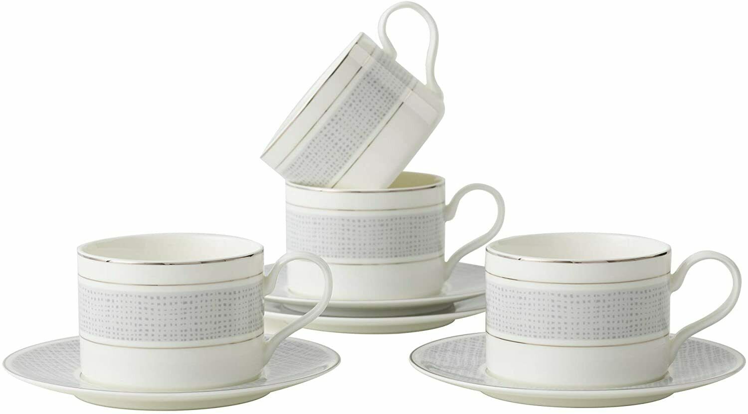 Cup and Saucer Set Classic Pattern with Silvering Banding Light Weight 290ml (Set 4) 4 CUPS/ 4 SAUCERS