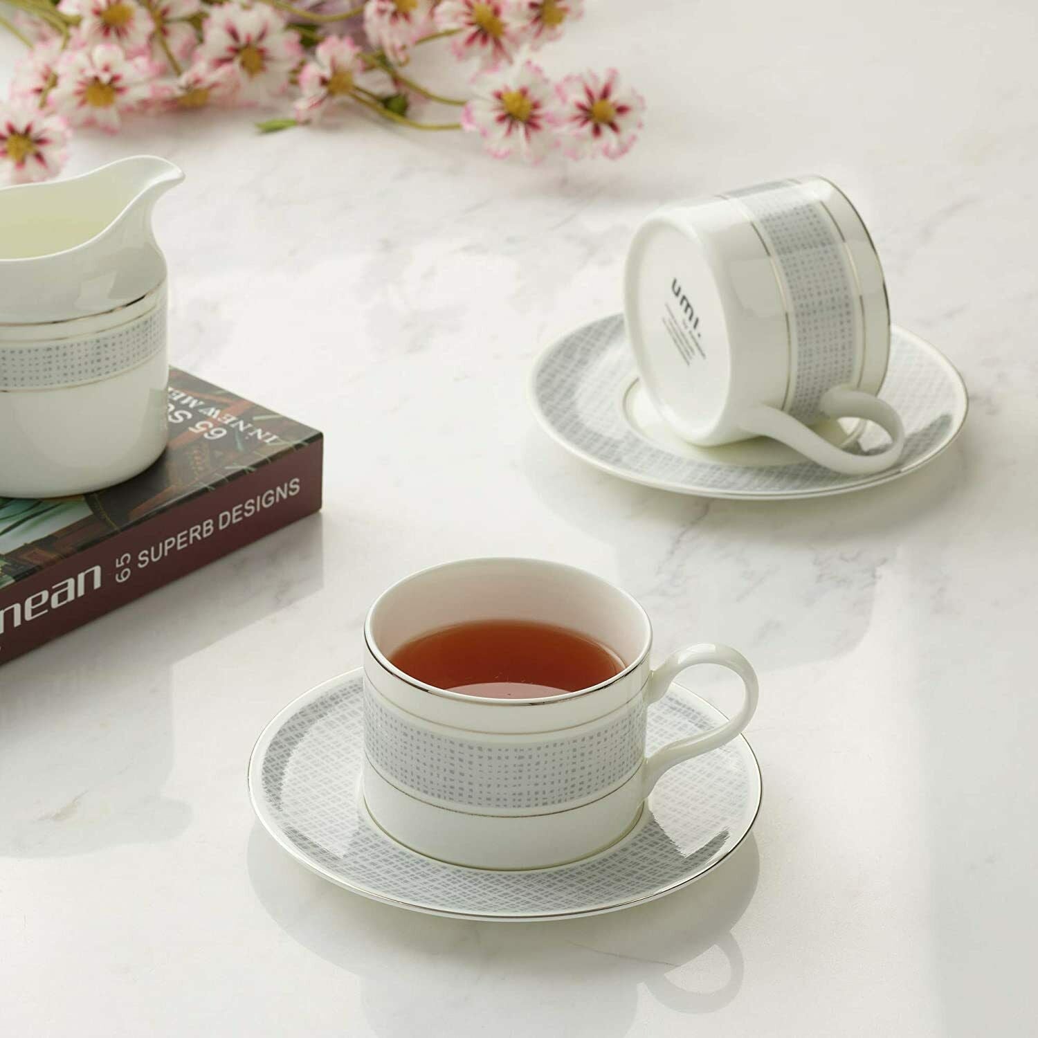 Cup and Saucer Set Classic Pattern with Silvering Banding Light Weight 290ml (Set 4) 4 CUPS/ 4 SAUCERS