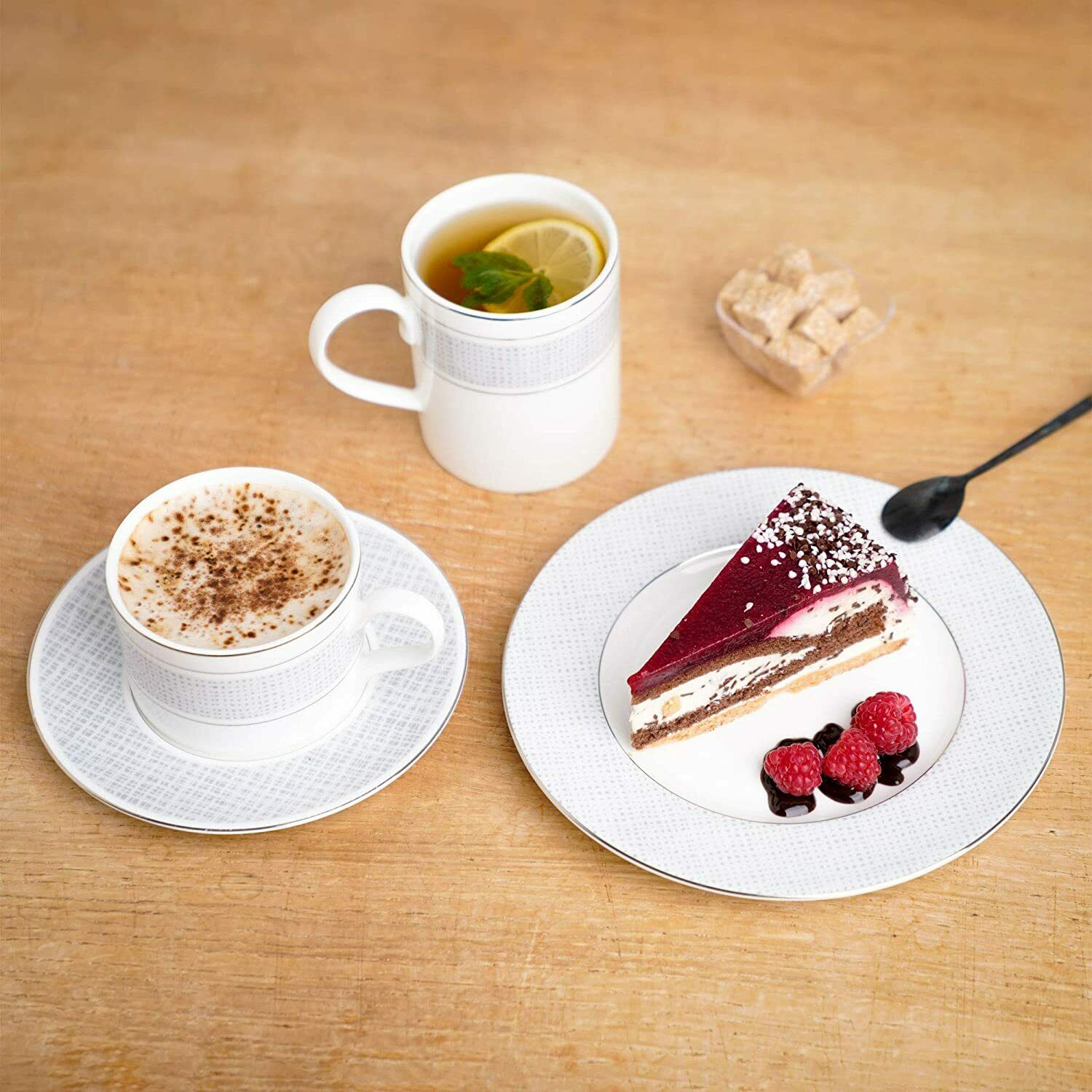 Cup and Saucer Set Classic Pattern with Silvering Banding Light Weight 290ml (Set 4) 4 CUPS/ 4 SAUCERS