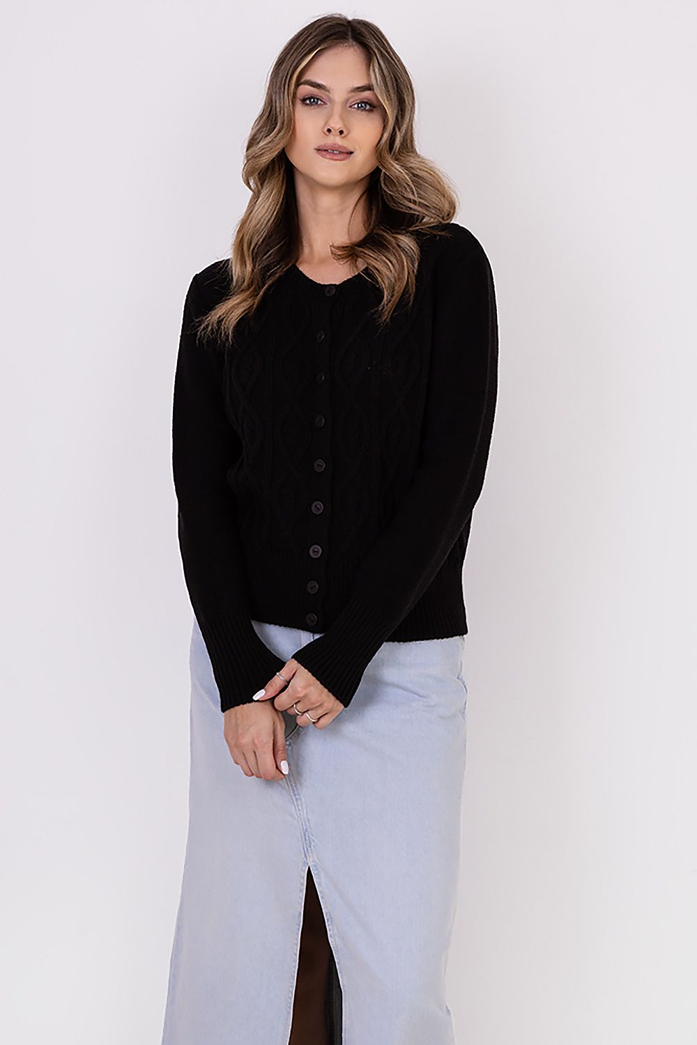 MKM Elegant Hip-Length Cardigan With Round Neckline & Decorative Weaves - 90% Acrylic, 10% Wool