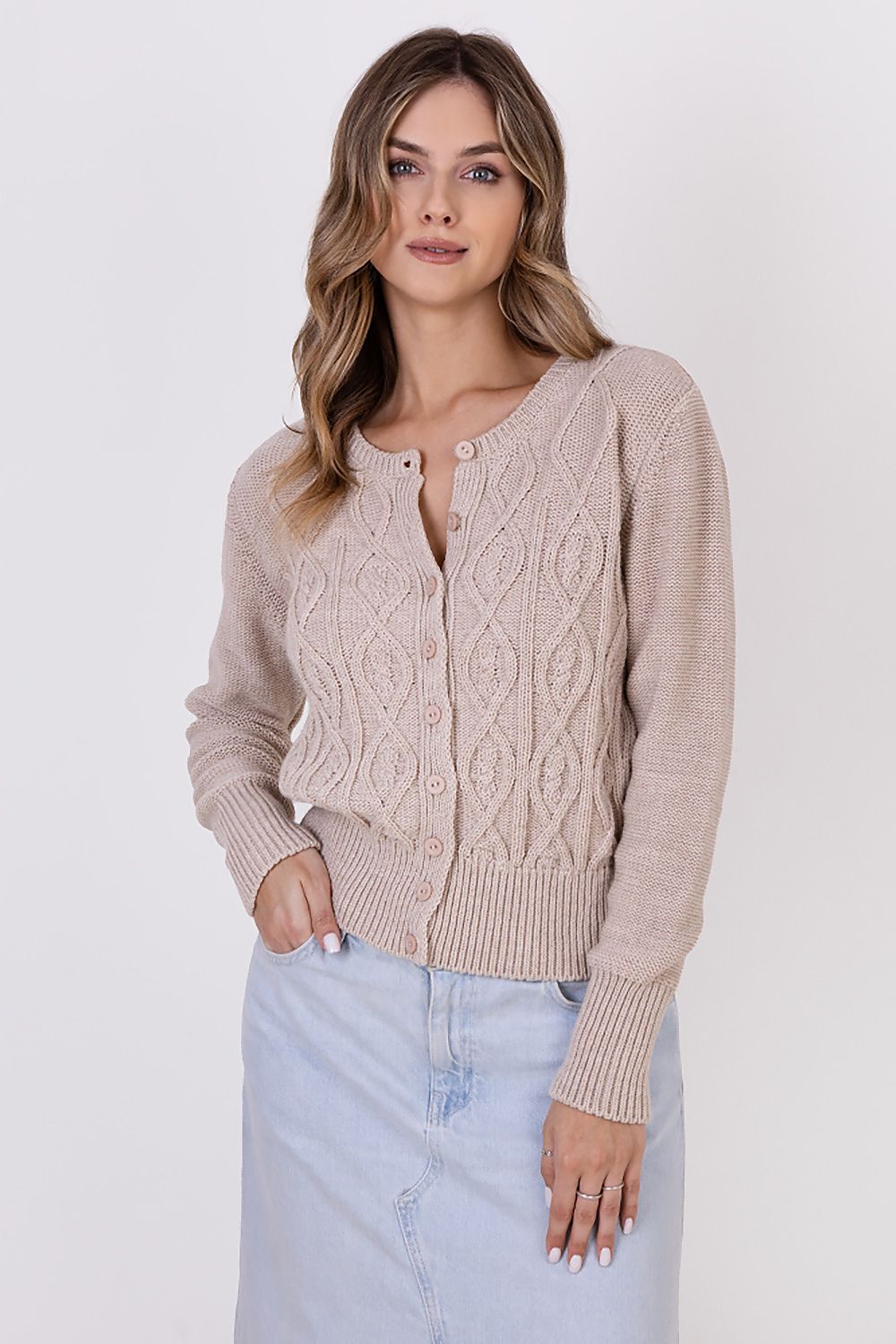 MKM Elegant Hip-Length Cardigan With Round Neckline & Decorative Weaves - 90% Acrylic, 10% Wool