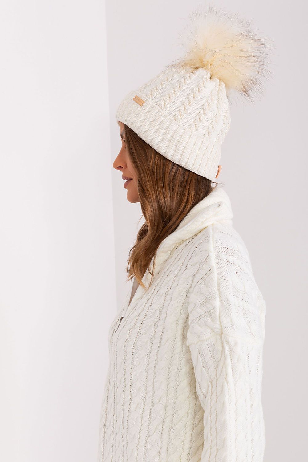 Luxury Women's Winter Beanie With Turn-Up, Plaid Weave And Pom-Pom, 70% Acrylic 30% Wool