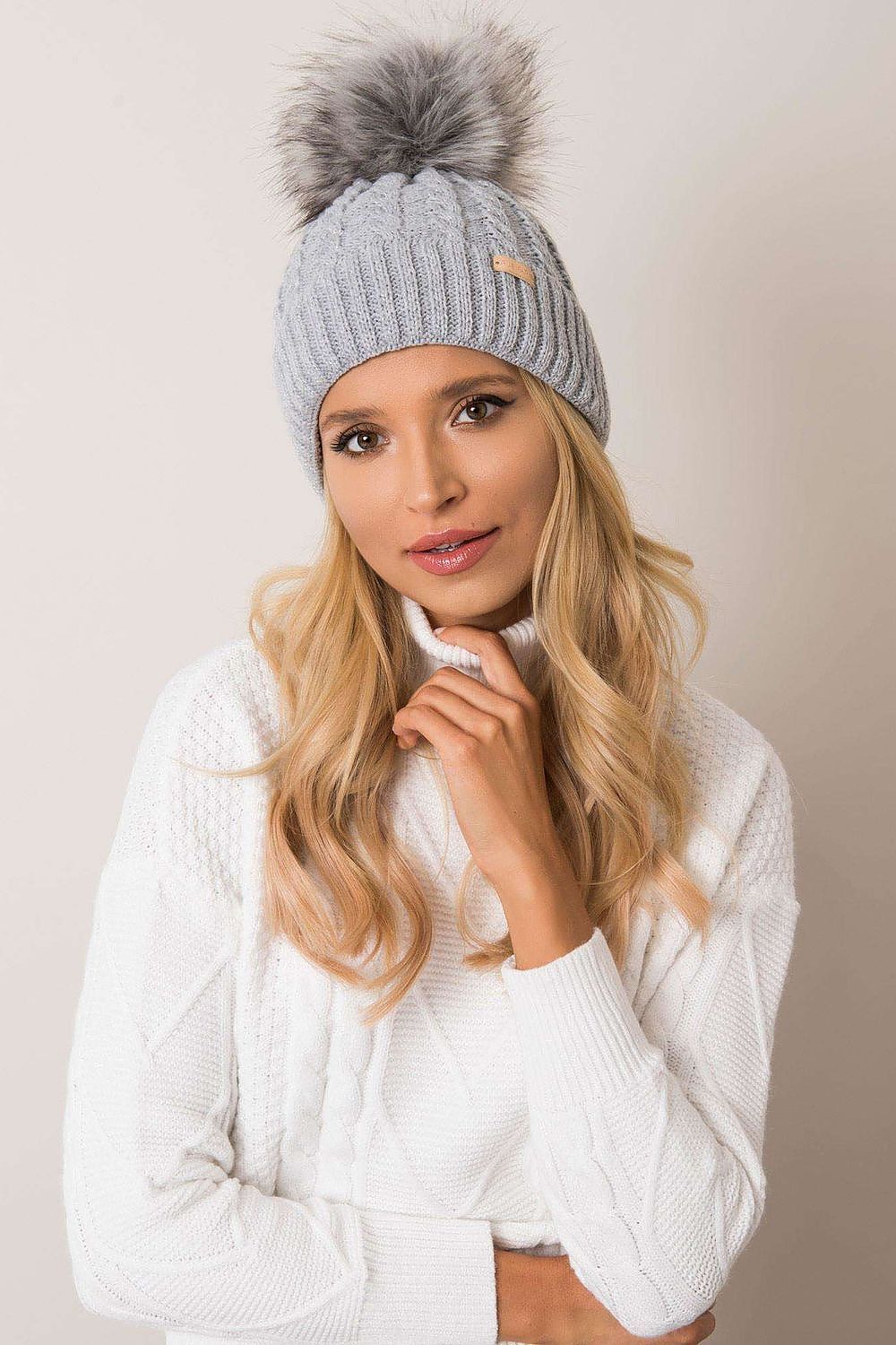 Luxury Women's Winter Beanie With Turn-Up, Plaid Weave And Pom-Pom, 70% Acrylic 30% Wool