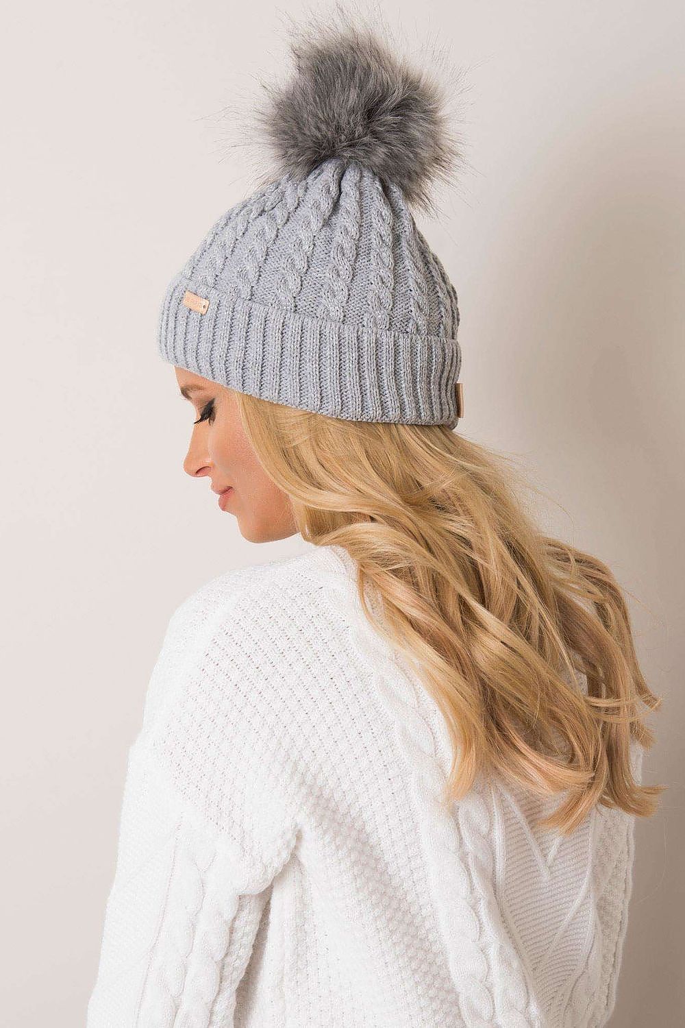 Luxury Women's Winter Beanie With Turn-Up, Plaid Weave And Pom-Pom, 70% Acrylic 30% Wool
