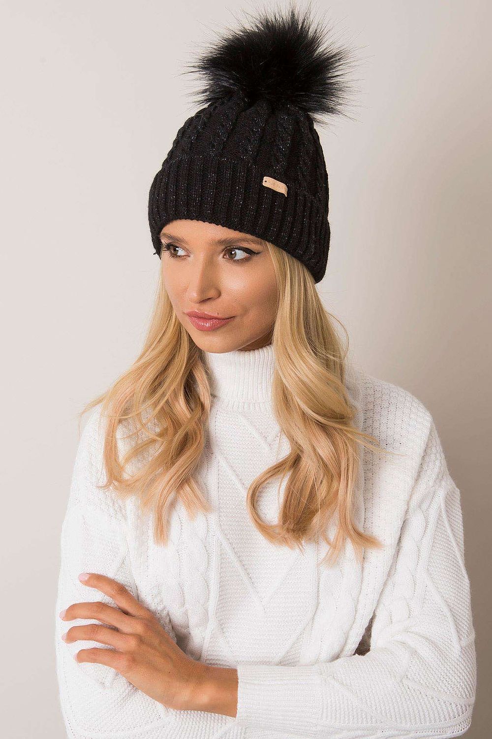 Luxury Women's Winter Beanie With Turn-Up, Plaid Weave And Pom-Pom, 70% Acrylic 30% Wool