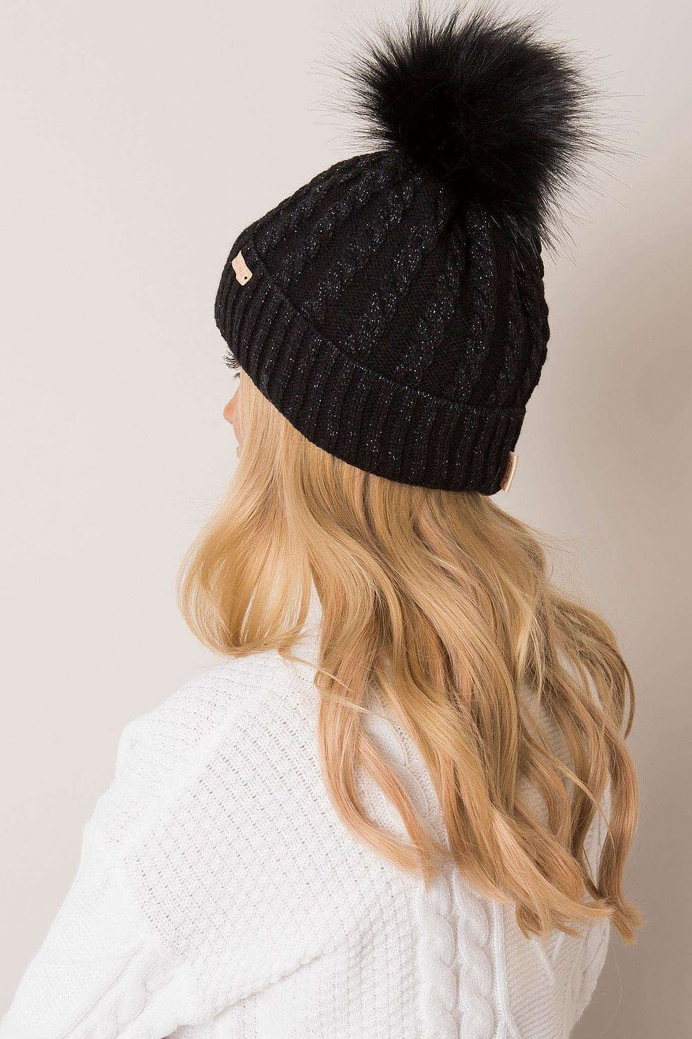 Luxury Women's Winter Beanie With Turn-Up, Plaid Weave And Pom-Pom, 70% Acrylic 30% Wool