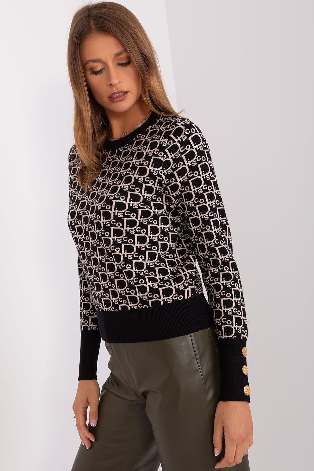 Elegant Long Sleeve Jumper with Decorative Cuffs and Distinctive Print - Classic Round Neck Sweater