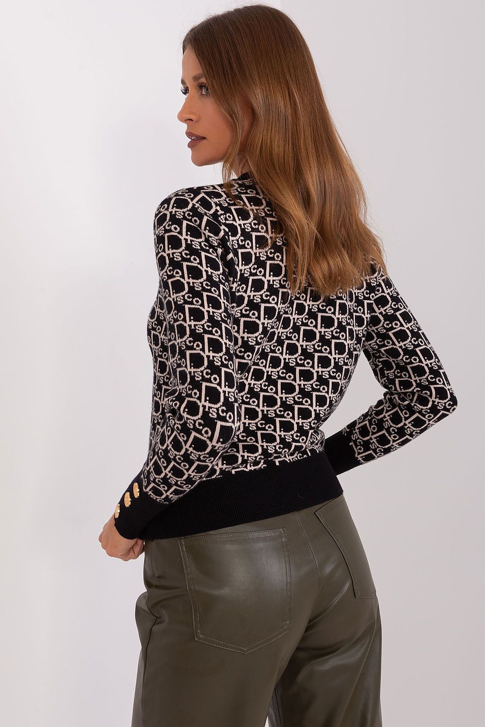 Elegant Long Sleeve Jumper with Decorative Cuffs and Distinctive Print - Classic Round Neck Sweater