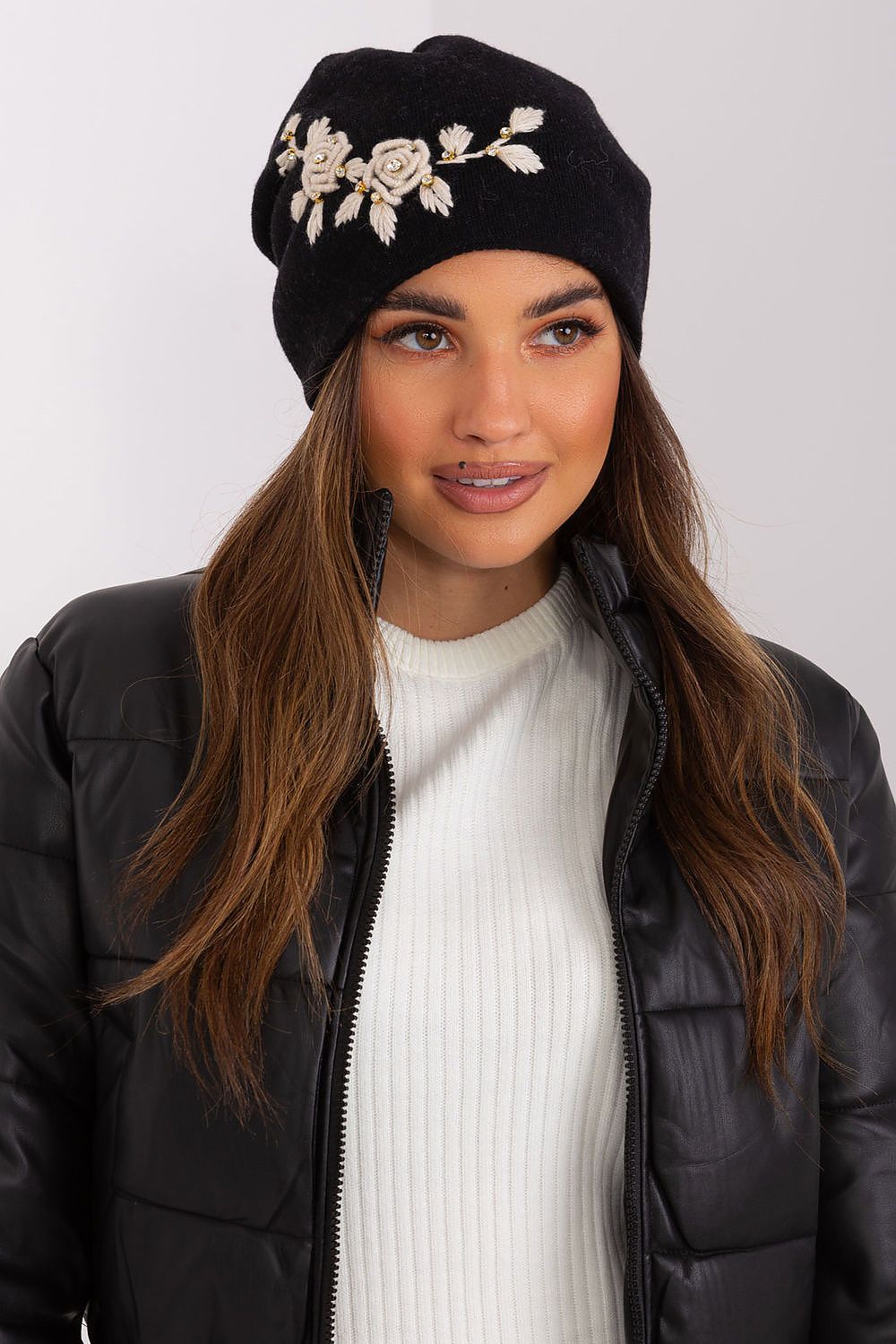 Luxury Women's Winter Hat in Smooth Knit with Decorative Applique - 50% Acrylic, 30% Cotton, 20% Cashmere