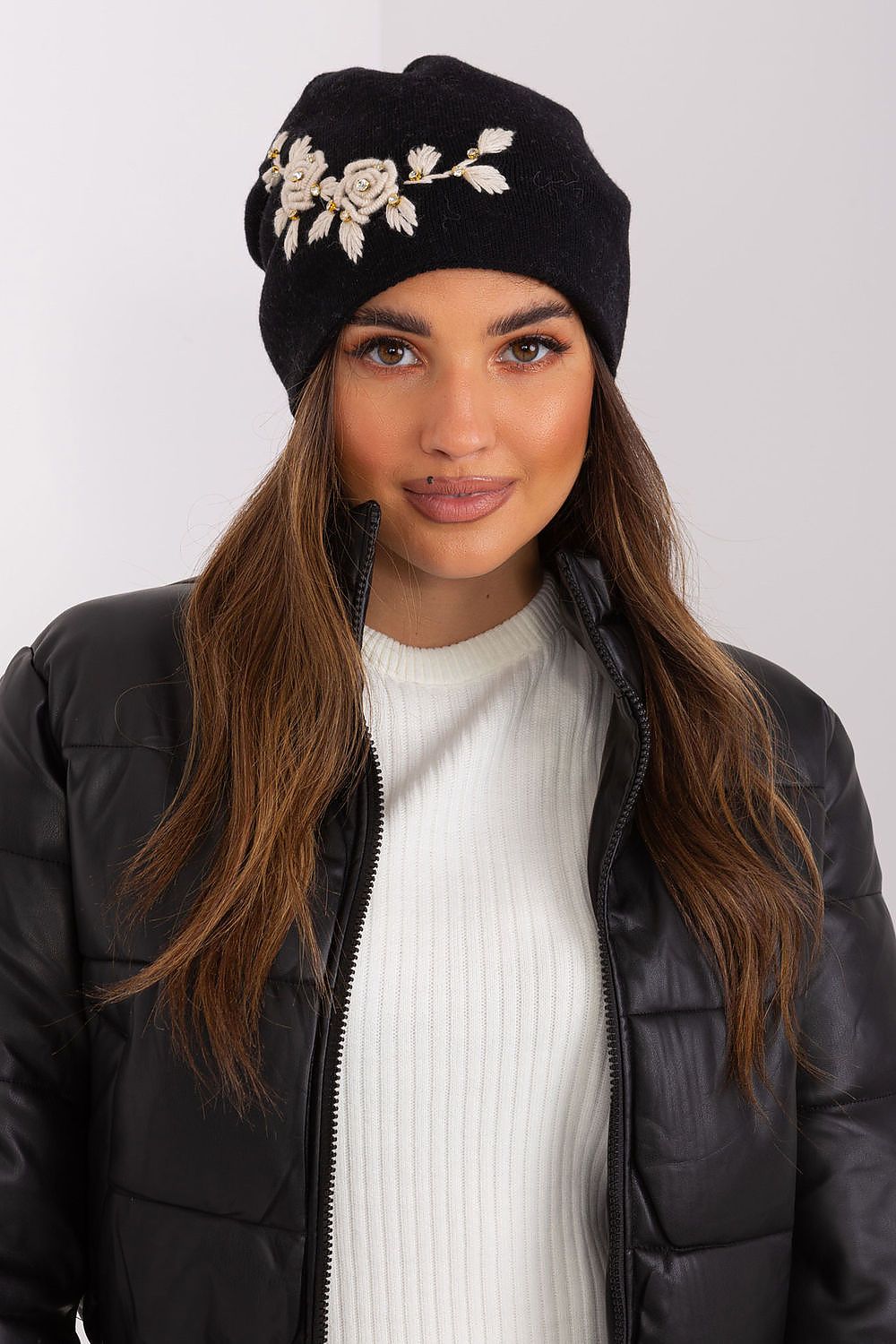 Luxury Women's Winter Hat in Smooth Knit with Decorative Applique - 50% Acrylic, 30% Cotton, 20% Cashmere