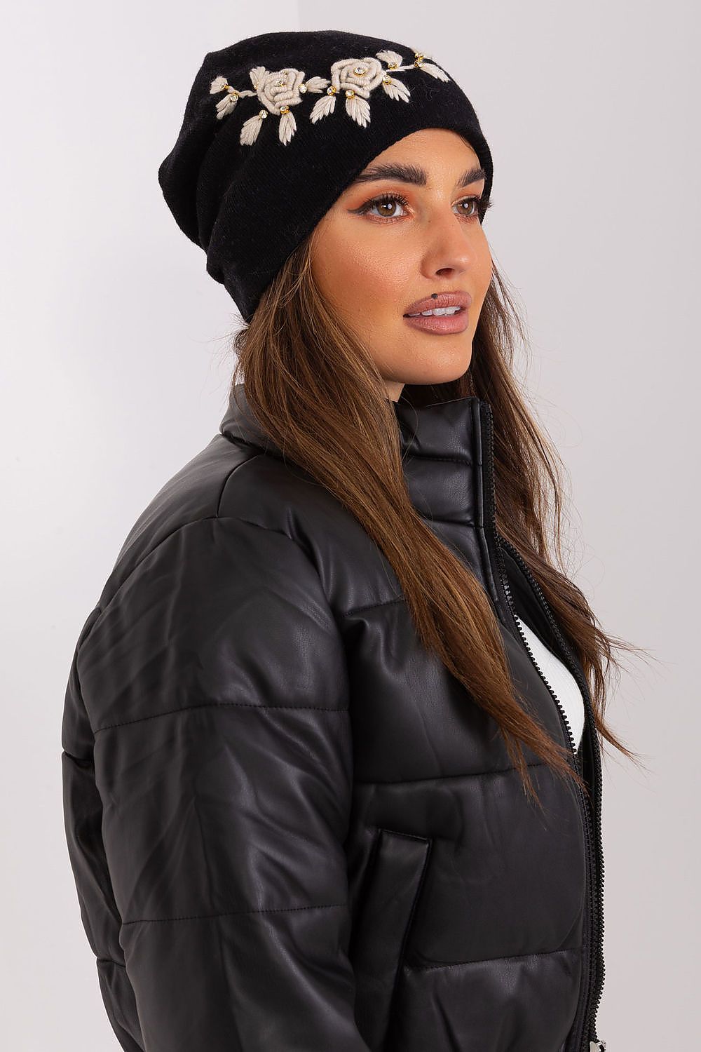 Luxury Women's Winter Hat in Smooth Knit with Decorative Applique - 50% Acrylic, 30% Cotton, 20% Cashmere