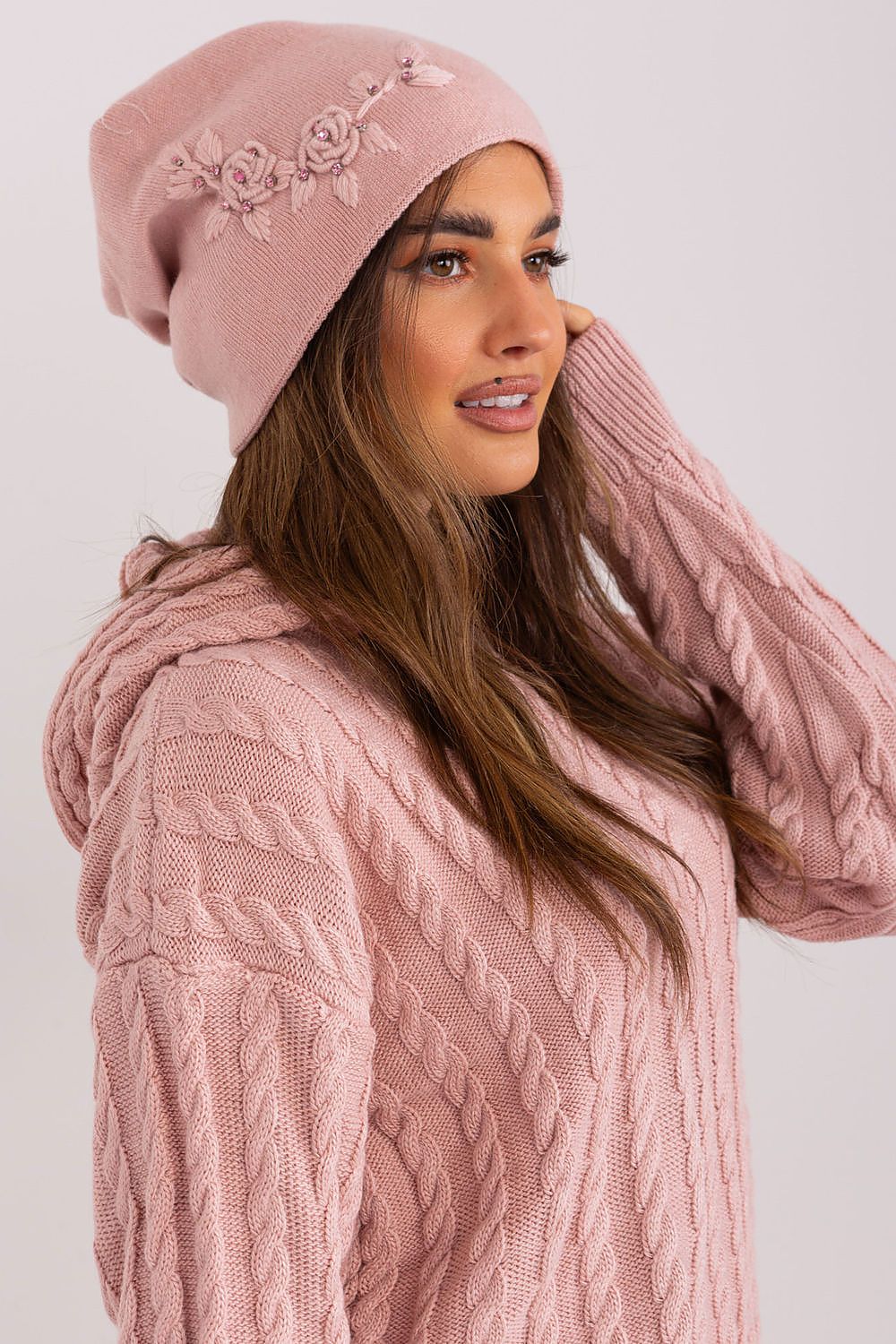 Luxury Women's Winter Hat in Smooth Knit with Decorative Applique - 50% Acrylic, 30% Cotton, 20% Cashmere