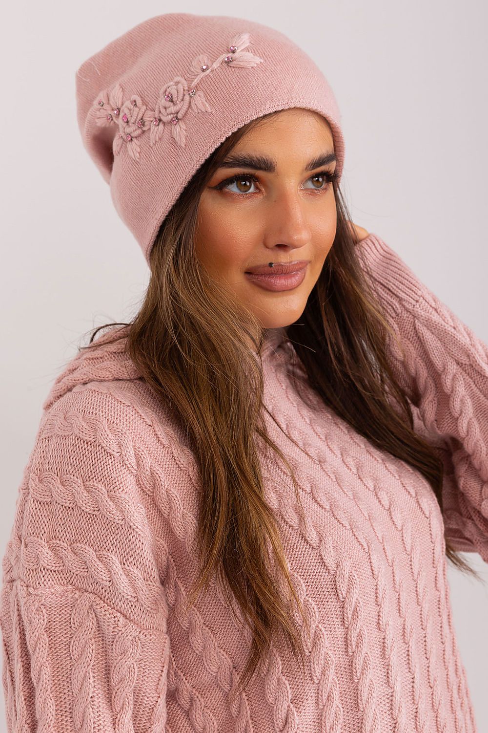 Luxury Women's Winter Hat in Smooth Knit with Decorative Applique - 50% Acrylic, 30% Cotton, 20% Cashmere