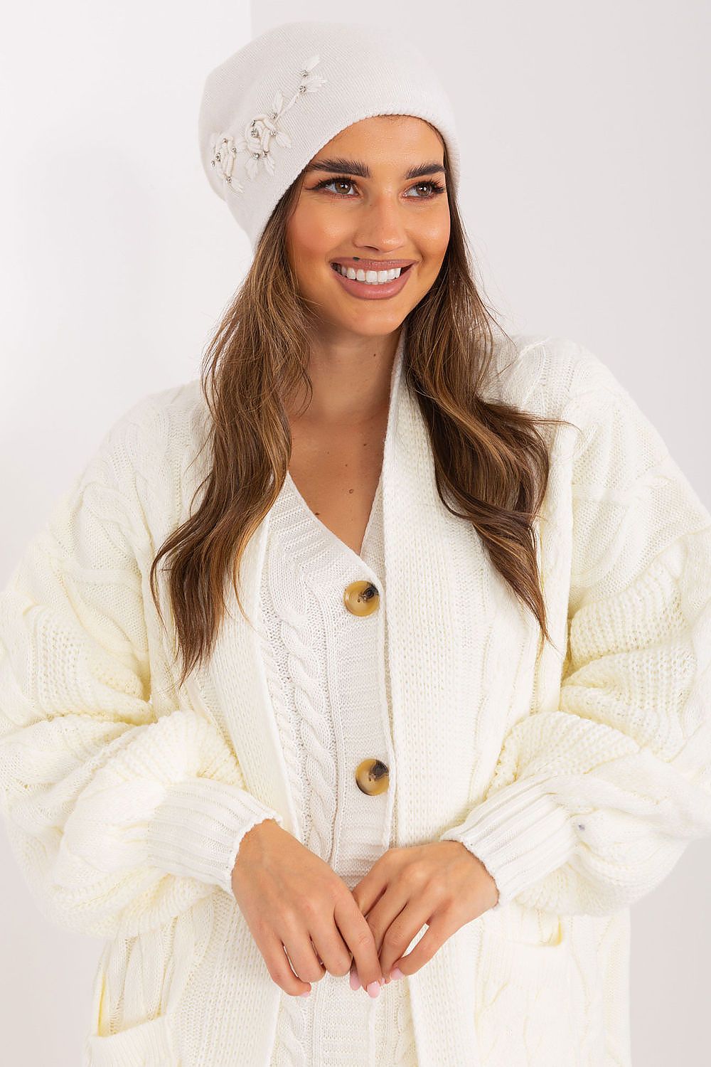 Luxury Women's Winter Hat in Smooth Knit with Decorative Applique - 50% Acrylic, 30% Cotton, 20% Cashmere