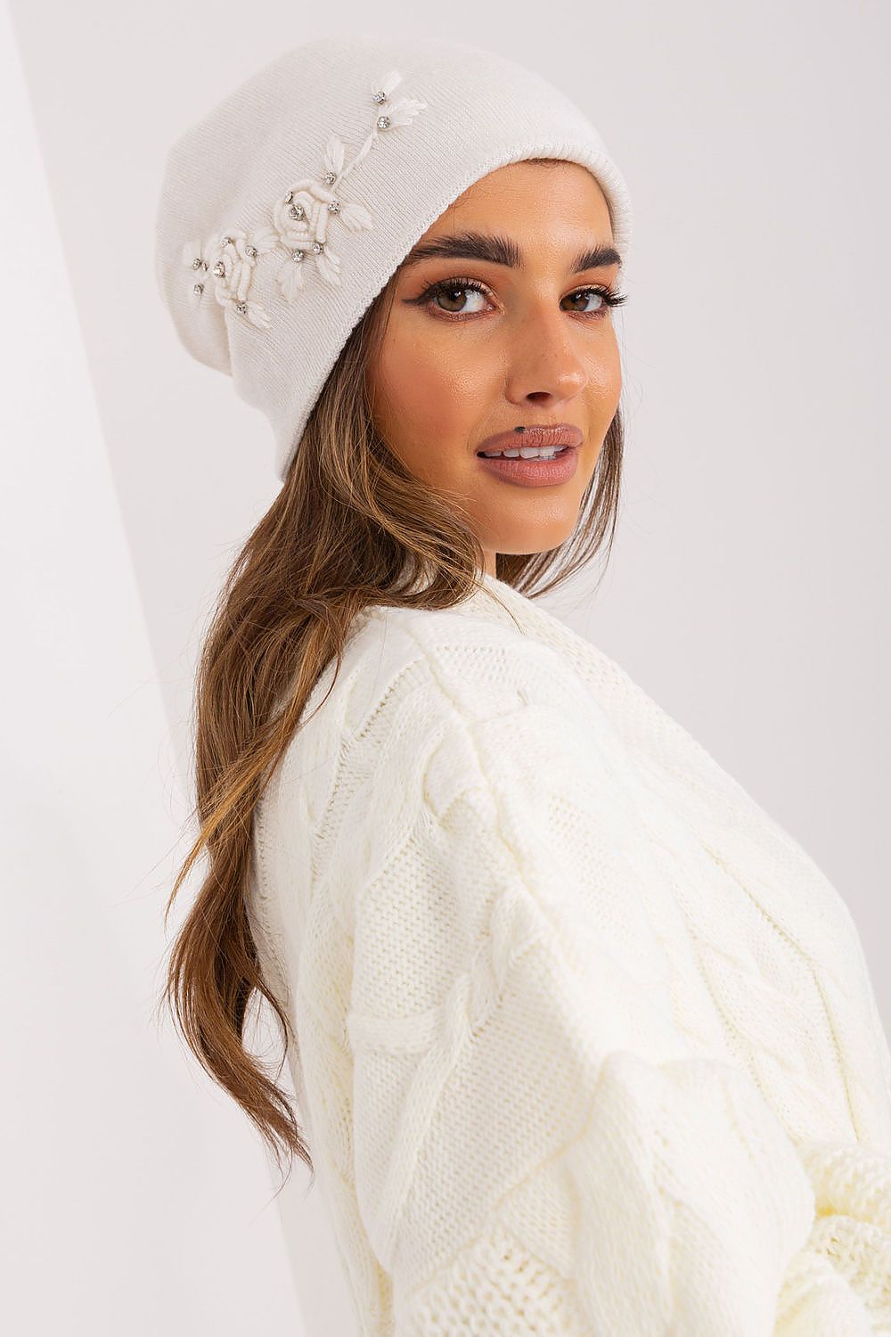 Luxury Women's Winter Hat in Smooth Knit with Decorative Applique - 50% Acrylic, 30% Cotton, 20% Cashmere