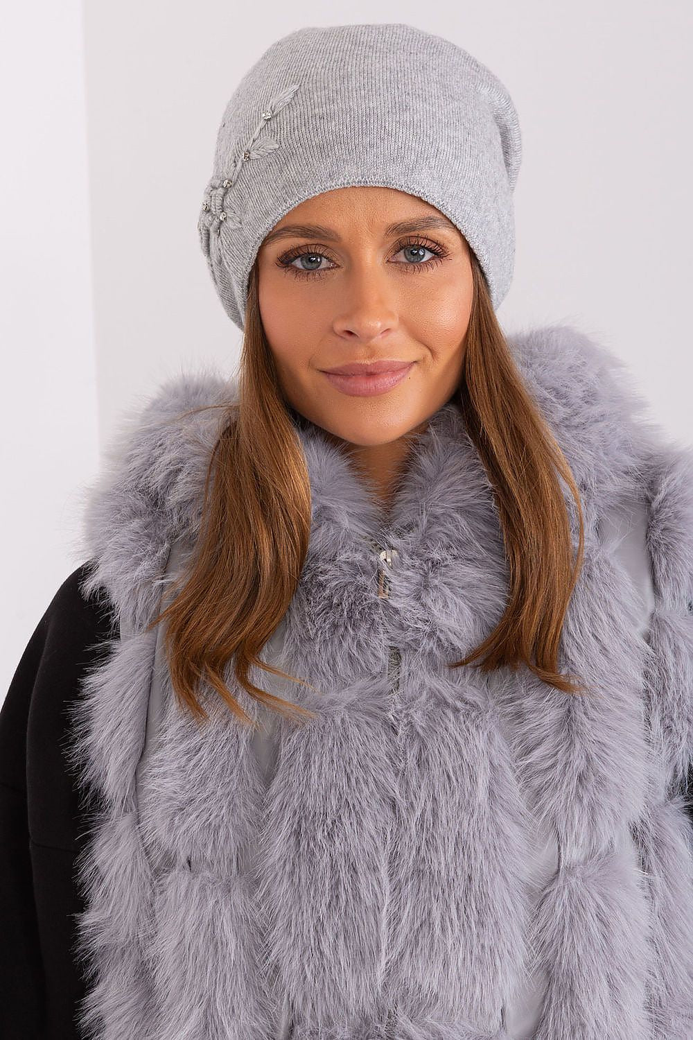 Luxury Women's Winter Hat in Smooth Knit with Decorative Applique - 50% Acrylic, 30% Cotton, 20% Cashmere