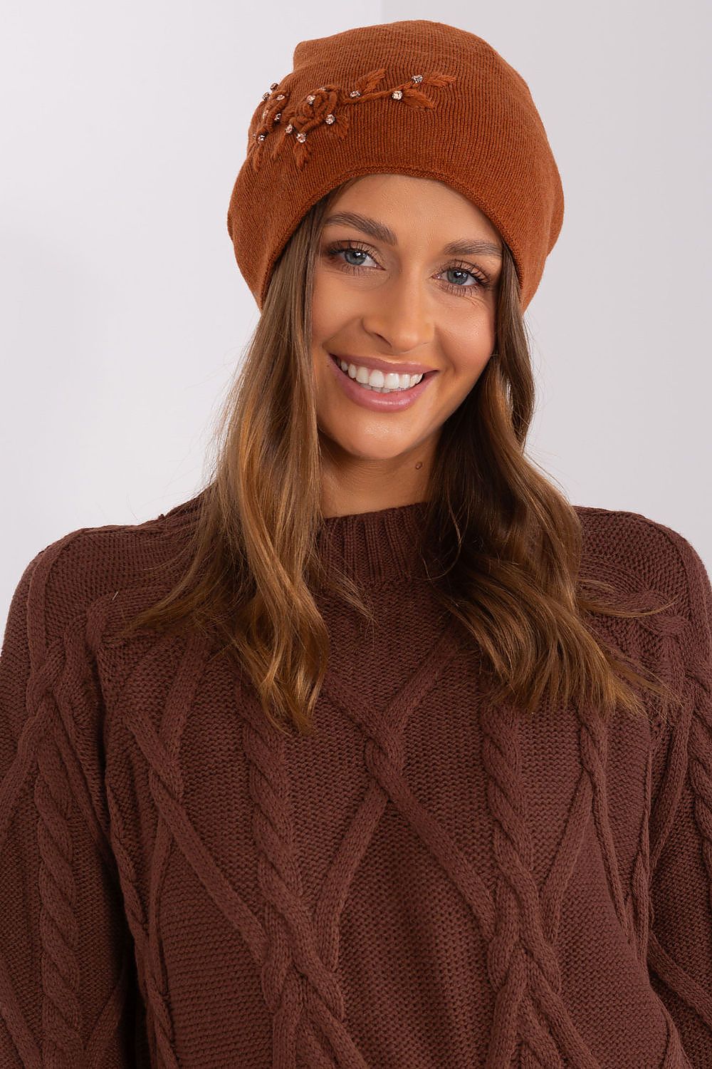 Luxury Women's Winter Hat in Smooth Knit with Decorative Applique - 50% Acrylic, 30% Cotton, 20% Cashmere