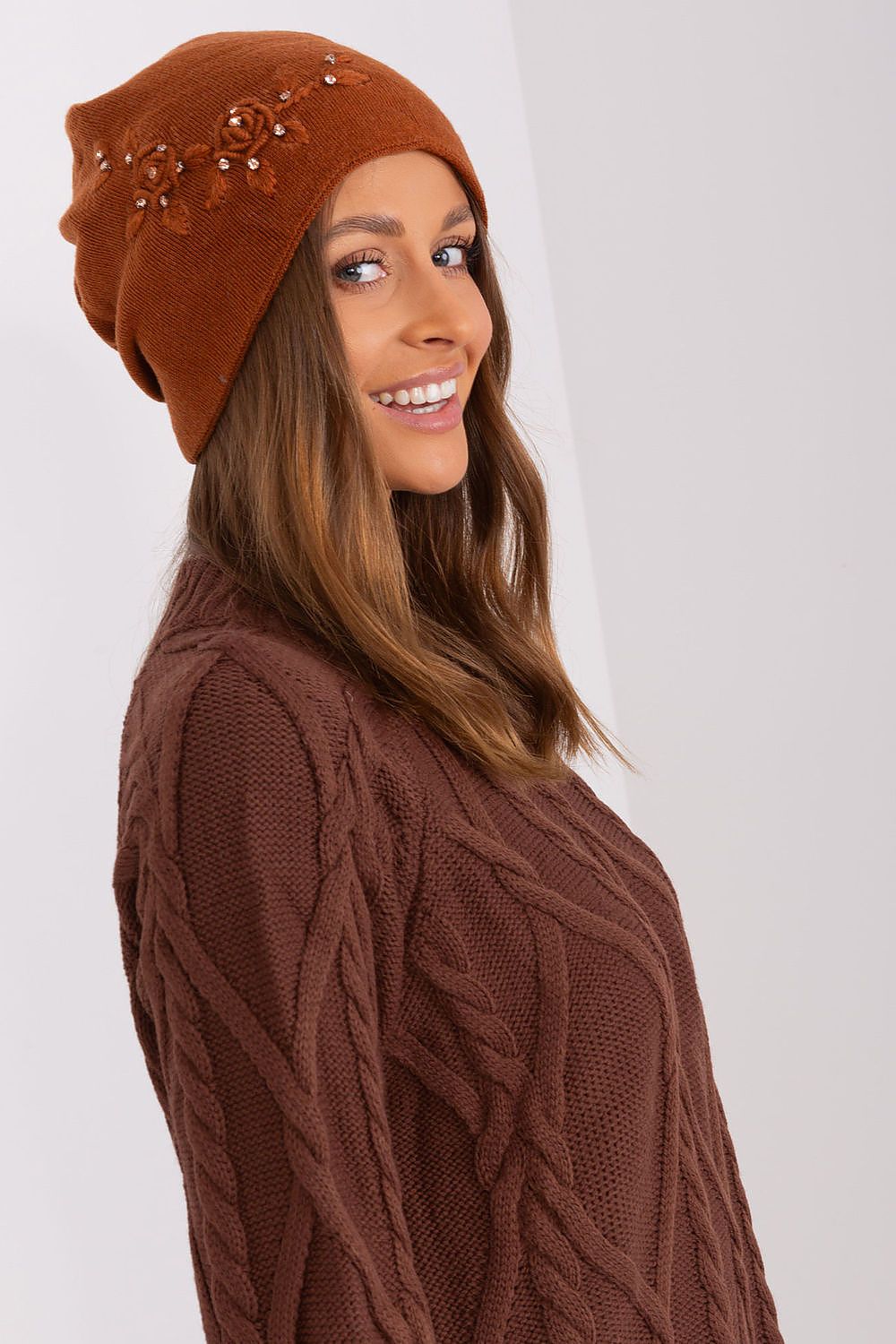 Luxury Women's Winter Hat in Smooth Knit with Decorative Applique - 50% Acrylic, 30% Cotton, 20% Cashmere