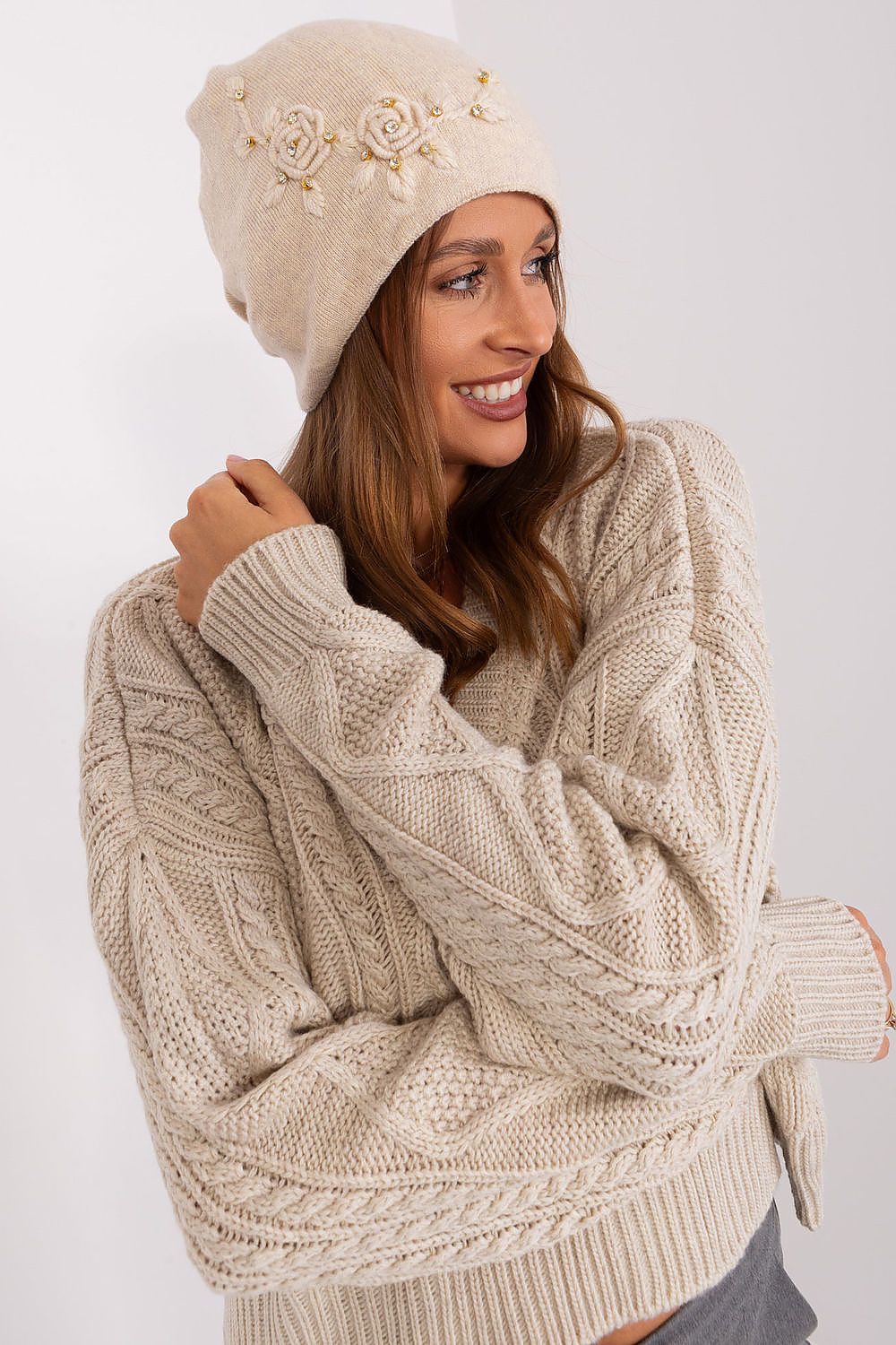 Luxury Women's Winter Hat in Smooth Knit with Decorative Applique - 50% Acrylic, 30% Cotton, 20% Cashmere