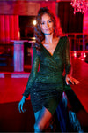 Chic Sequin Mini Dress With Overlap Neckline And Sewn-In Waist Belt by Roco Fashion