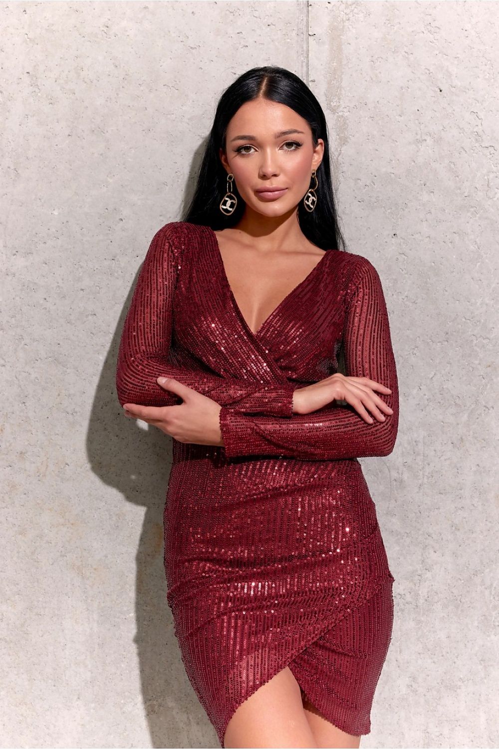 Chic Sequin Mini Dress With Overlap Neckline And Sewn-In Waist Belt by Roco Fashion